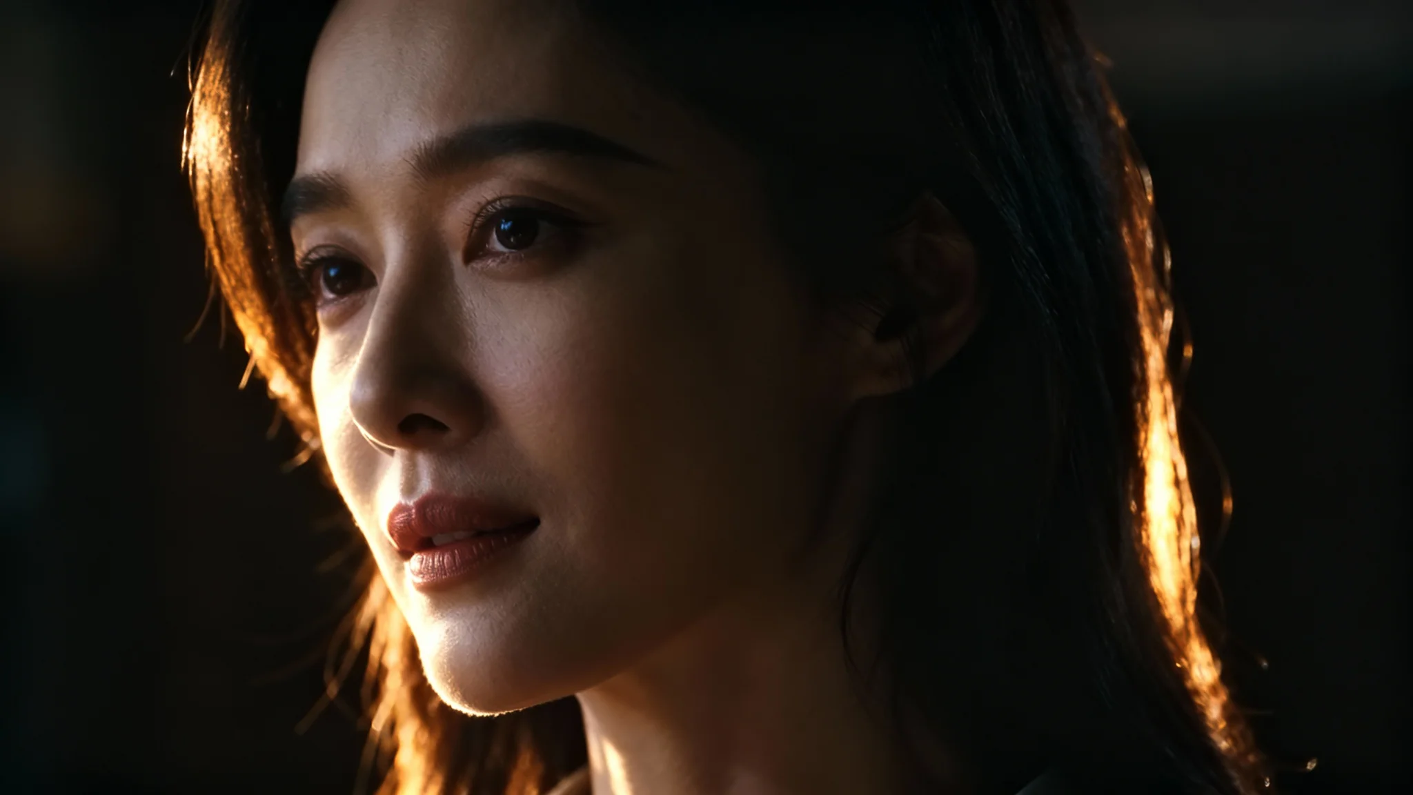 A stunning hero image demonstrating a photo relighting effect, showing a woman's face dramatically lit from the side against a dark background.