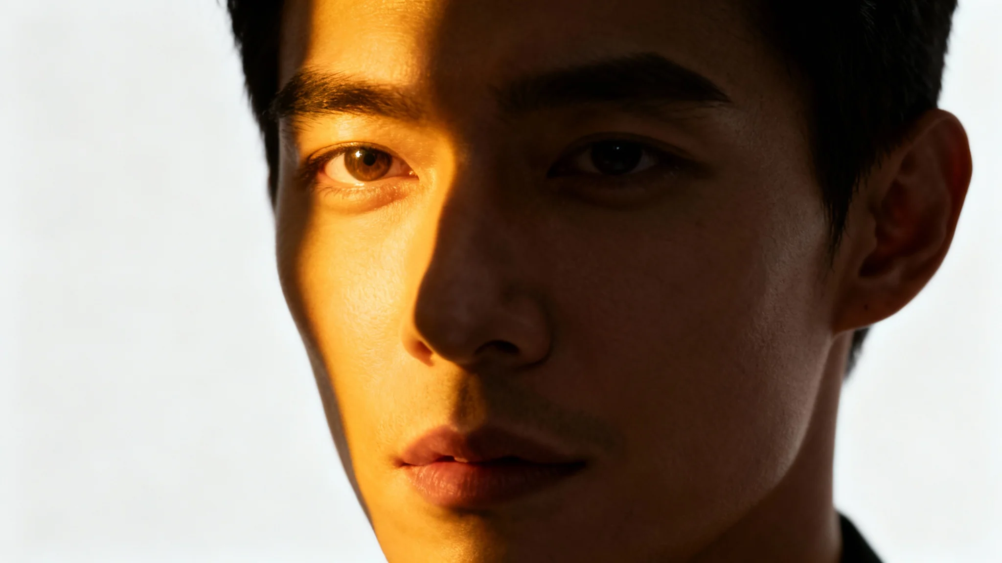A close-up portrait of a person dramatically lit to showcase a photo relighting technique. One side of the face is brightly illuminated, and the other is in deep shadow.