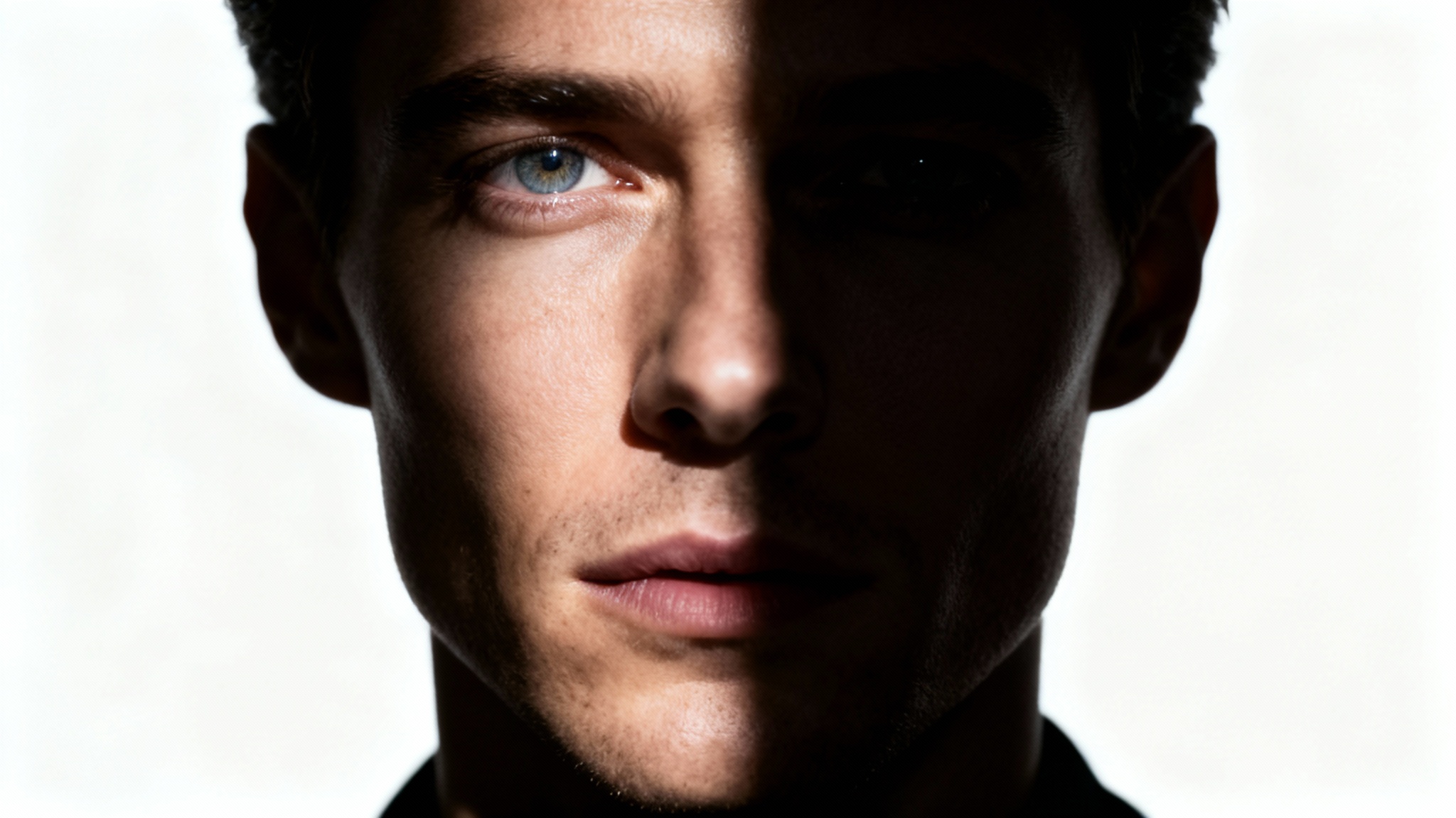 A close-up portrait demonstrating a photo relighting effect, with one side of the face in bright light and the other in deep shadow, set against a white background.