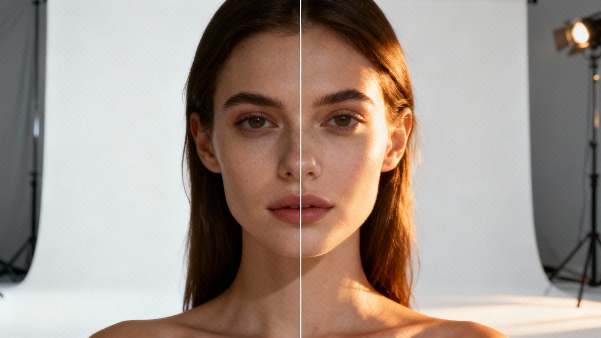 A split-screen image demonstrating a photo relighting tool. The 'before' side shows a woman's portrait in harsh, flat light, and the 'after' side shows the same portrait transformed with warm, professional studio lighting.