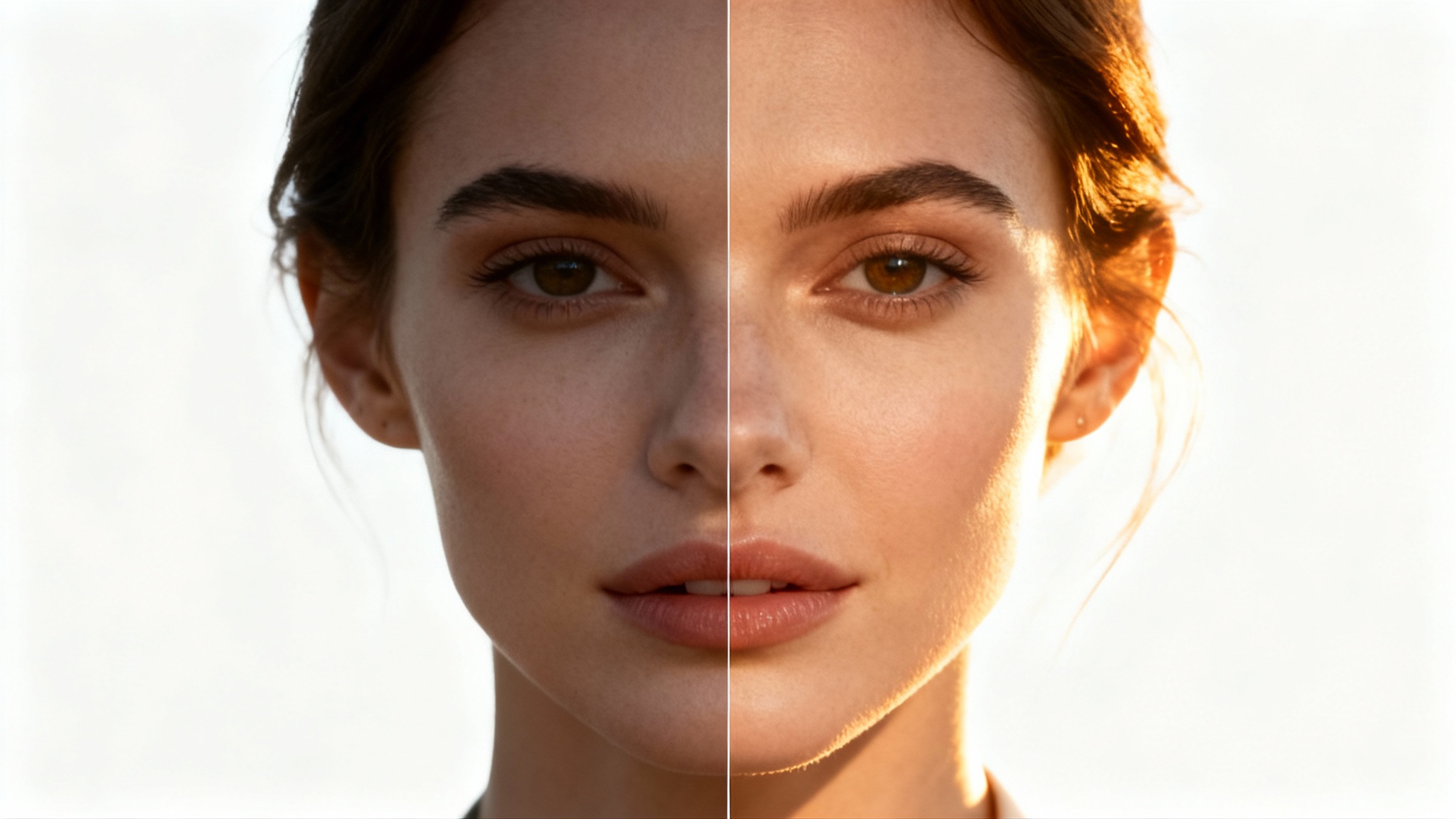 A split-screen image showing the effect of photo relighting. The left side shows a woman's portrait in poor, flat lighting, and the right side shows the same portrait beautifully relit with warm, golden hour light.