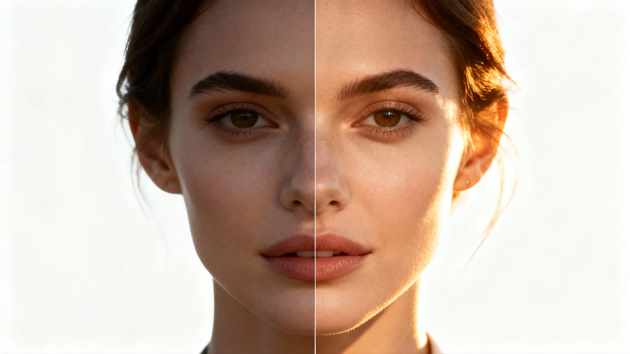 A split-screen image showing the effect of photo relighting. The left side shows a woman's portrait in poor, flat lighting, and the right side shows the same portrait beautifully relit with warm, golden hour light.