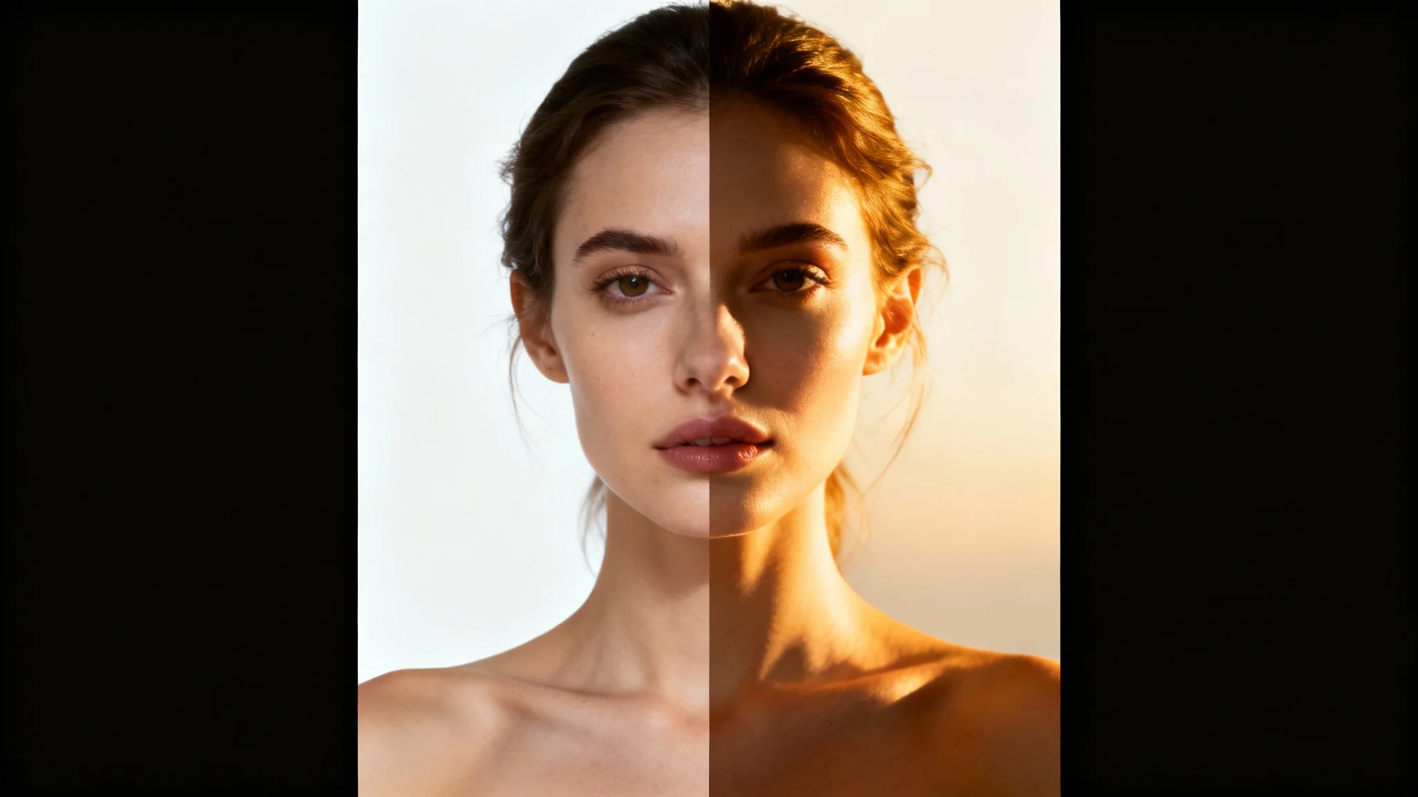 A split image demonstrating a photo relighting effect. The left side shows a portrait of a woman with flat, harsh lighting, and the right side shows the same portrait dramatically improved with warm, artistic side lighting.