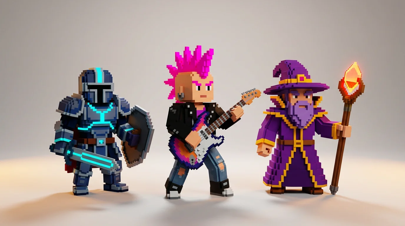 A hero image showcasing three professionally designed isometric voxel characters—a knight, a punk rocker, and a wizard—in a dynamic group pose, representing the high-quality output of a character creation tool.