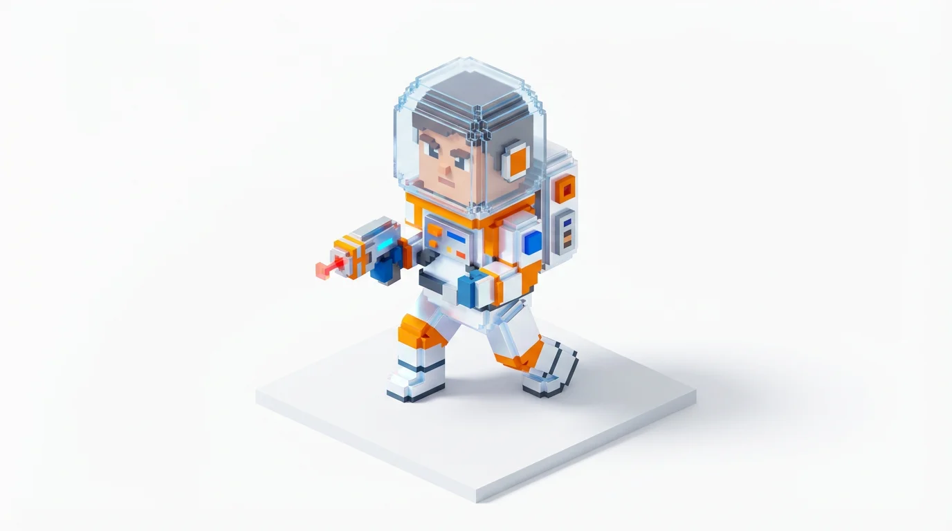 An isometric voxel art character of a space explorer in a white and orange suit, standing on a white platform against a white background.