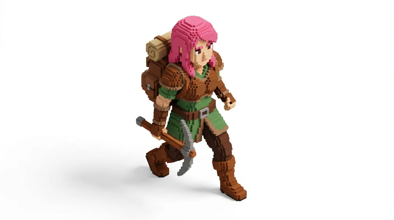 A detailed 3D render of an isometric voxel character, a female adventurer with pink hair, shown in a dynamic pose against a clean white background.