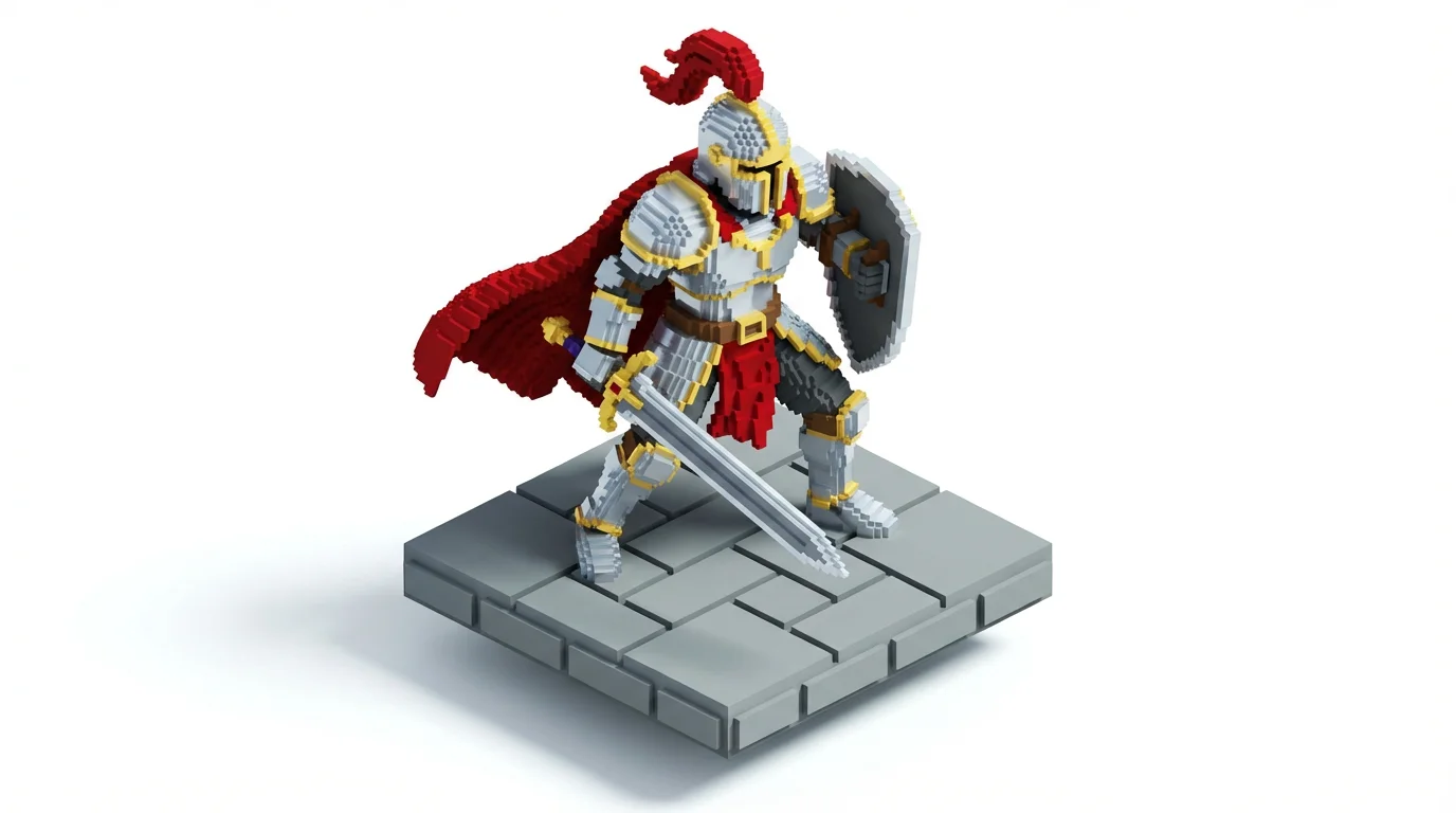 An isometric voxel art character of a knight in silver armor with a red cape, holding a sword and shield, standing on a floating stone platform against a white background.