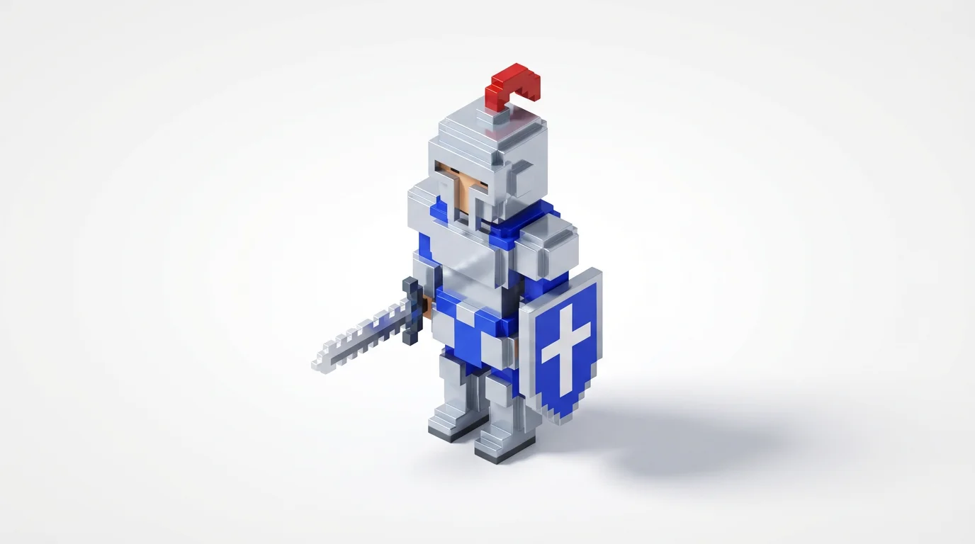 An isometric voxel art character of a knight in silver and blue armor, holding a sword and shield, set against a plain white background.