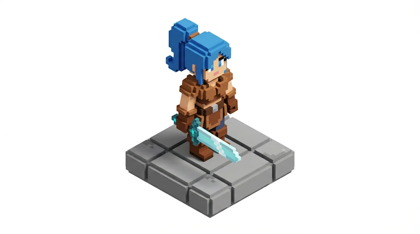 An isometric voxel art character of a female adventurer with blue hair and a diamond sword, standing on a stone platform against a clean white background.