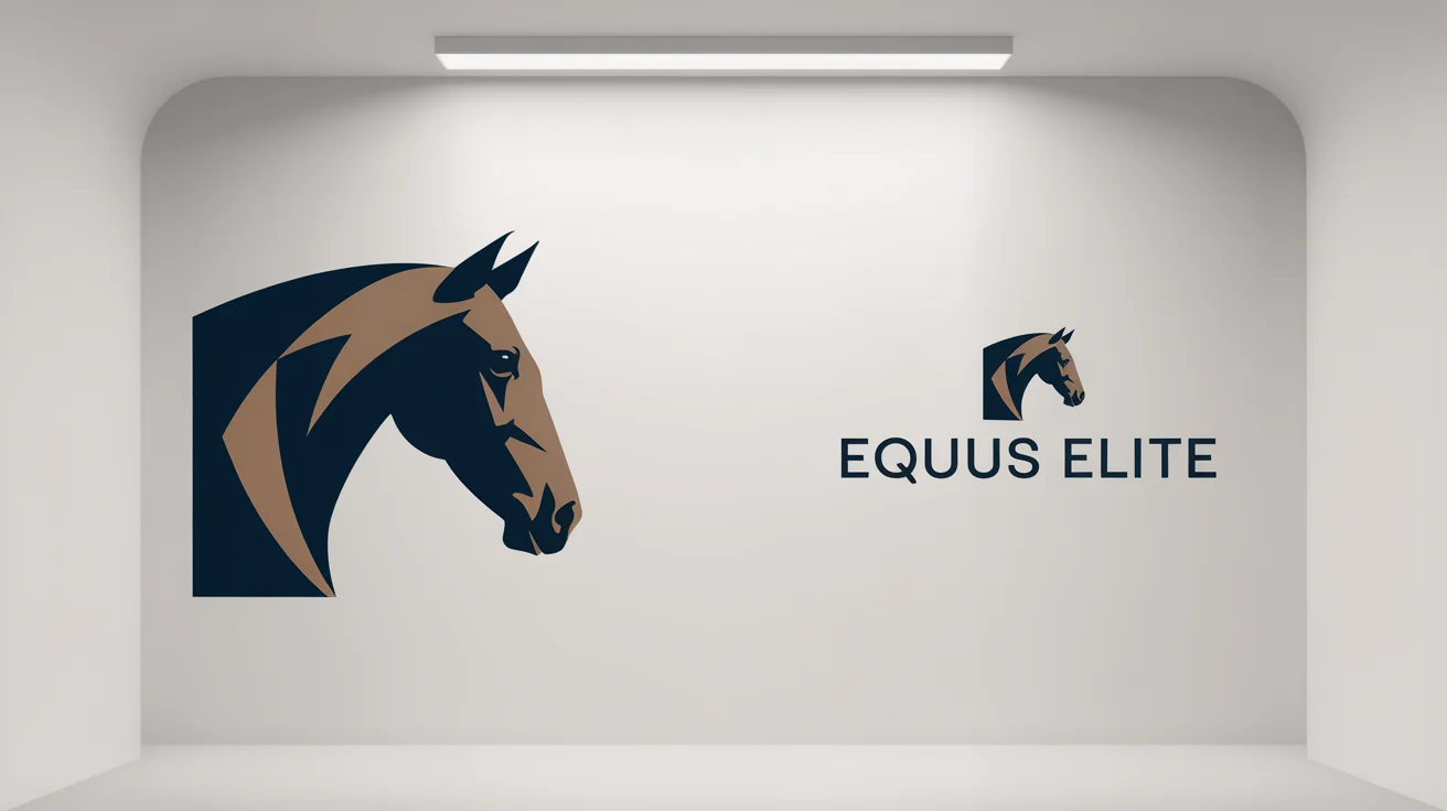 A brand presentation for a luxury equestrian company showing a modern, geometric horse head logo in navy and bronze, with the company name 'Equus Elite'.