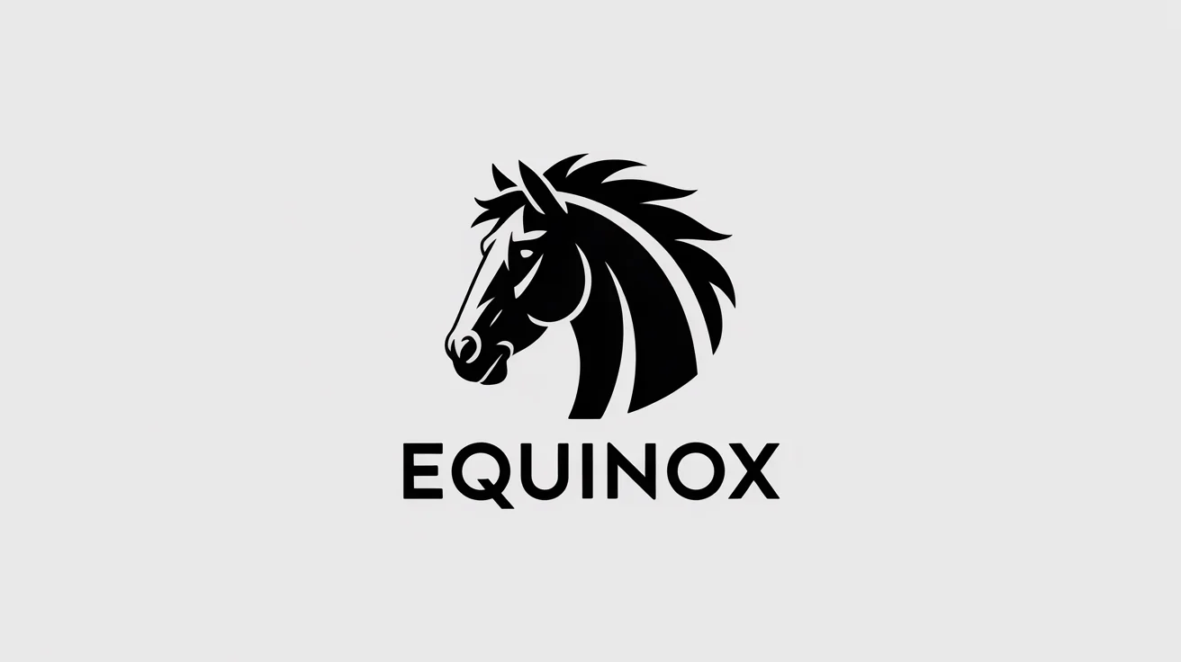 A modern and minimalist black vector logo of a powerful horse head with a flowing mane, with the brand name 'EQUINOX' underneath, presented as a mockup on a clean white background.