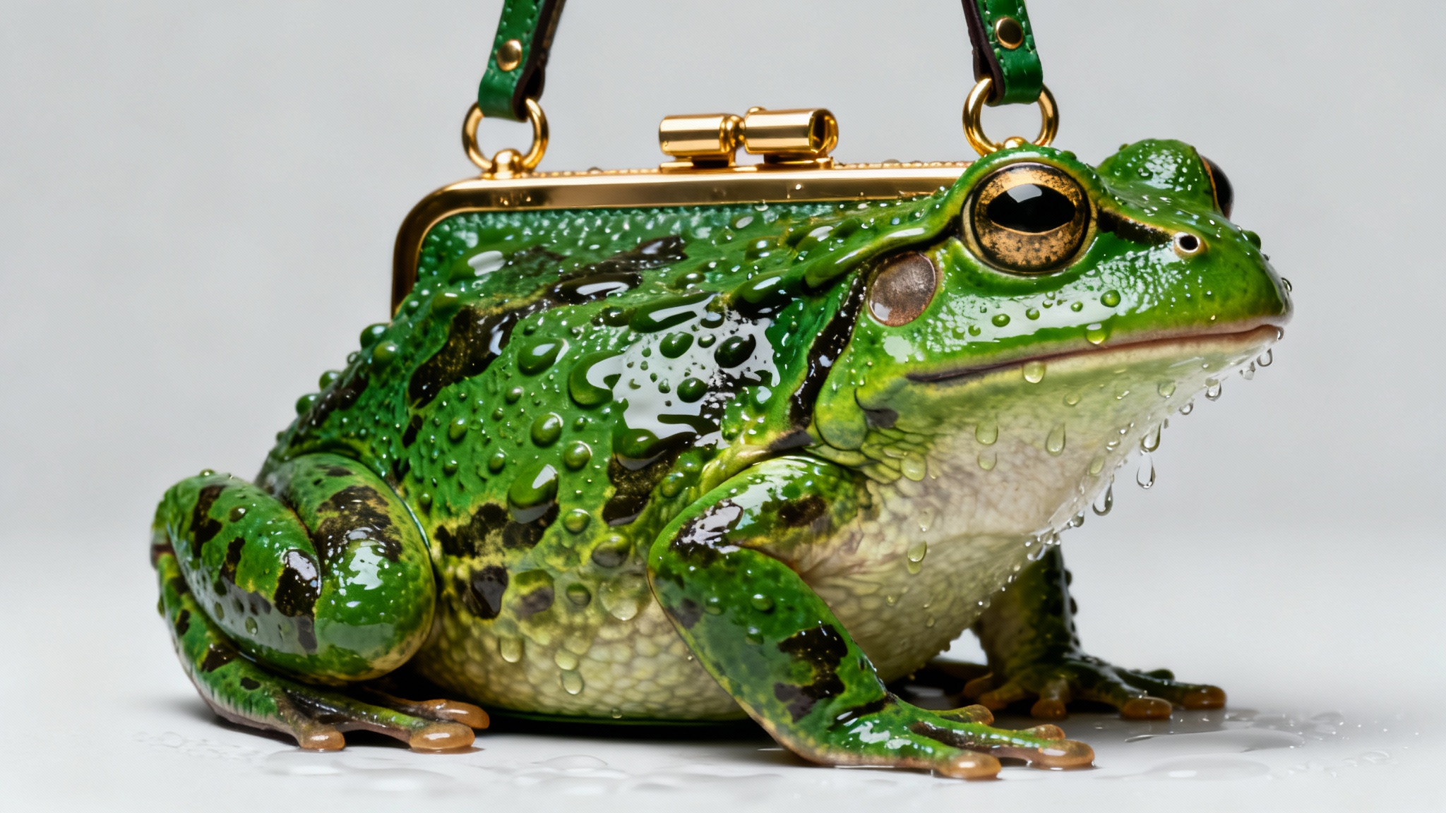 A hyper-realistic product photograph of a luxury green handbag textured like frog skin, complete with glossy water droplets, set against a clean studio background.