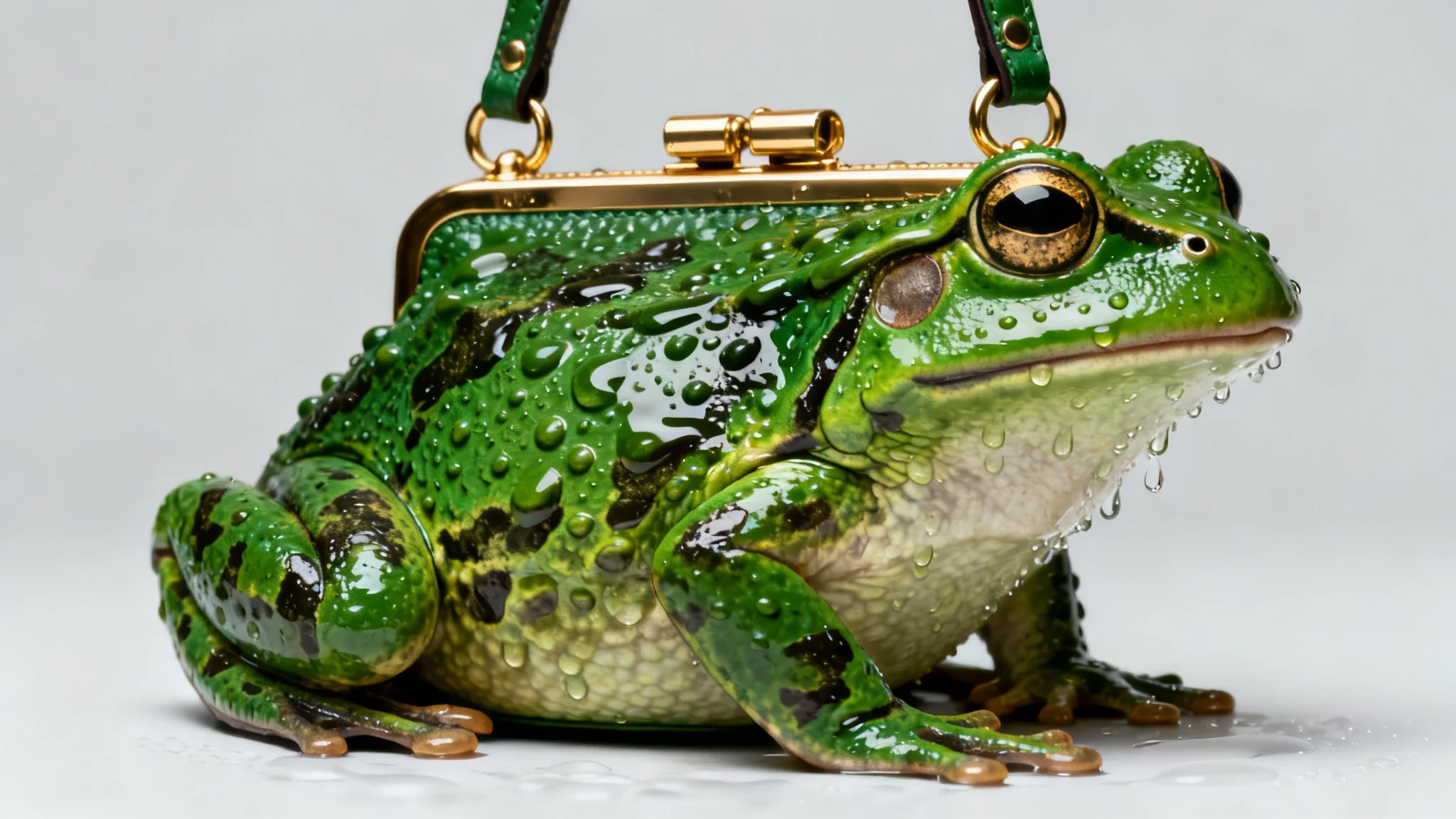 A hyper-realistic product photograph of a luxury green handbag textured like frog skin, complete with glossy water droplets, set against a clean studio background.