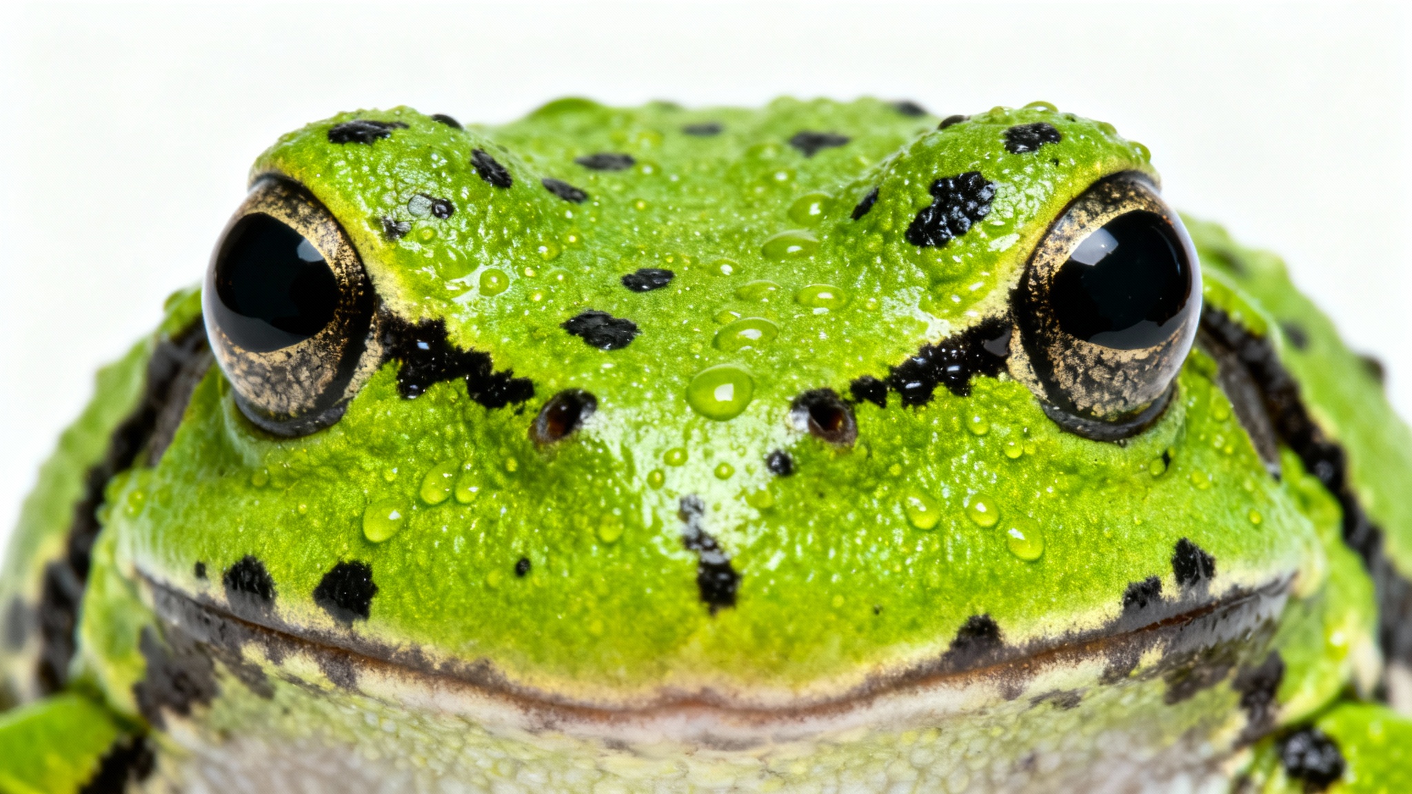 An extreme close-up, macro shot of a poison dart frog's skin, revealing its vibrant green and black spotted pattern and bumpy, moist texture against a plain white background.