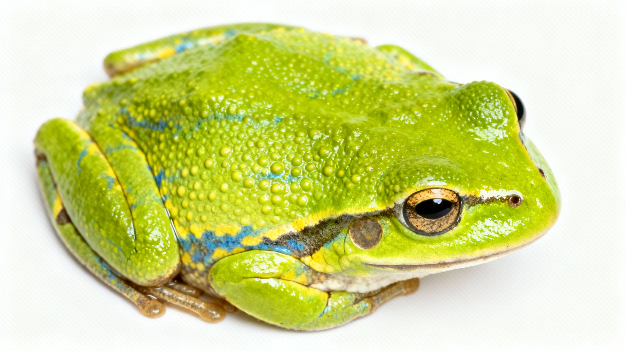 A hyperrealistic macro shot of a vibrant green frog skin texture, showcasing its bumpy and moist surface against a clean white background.