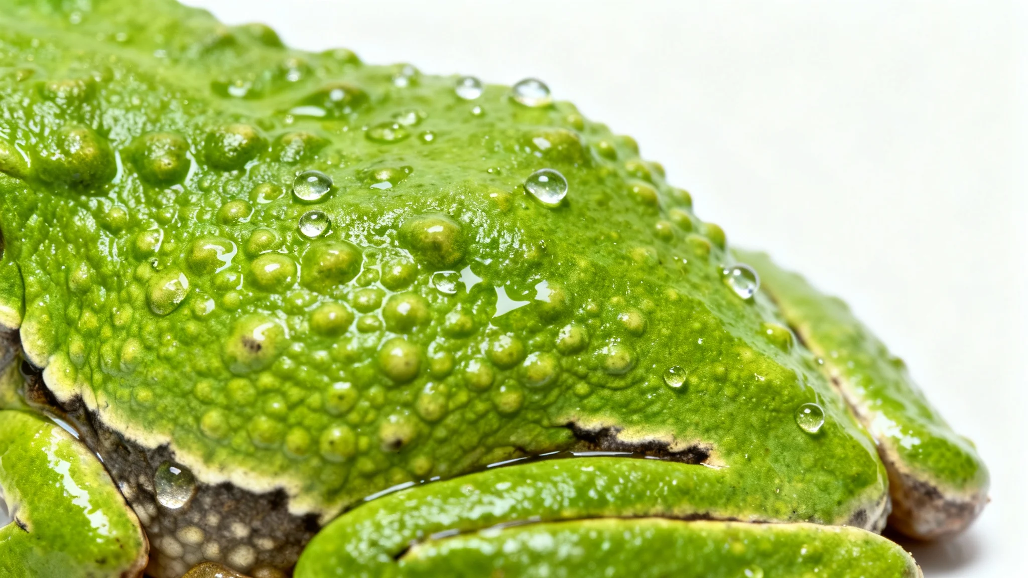 An extreme close-up, photorealistic image of a frog's skin, showing its bumpy, glistening green texture with water droplets, set against a stark white background.