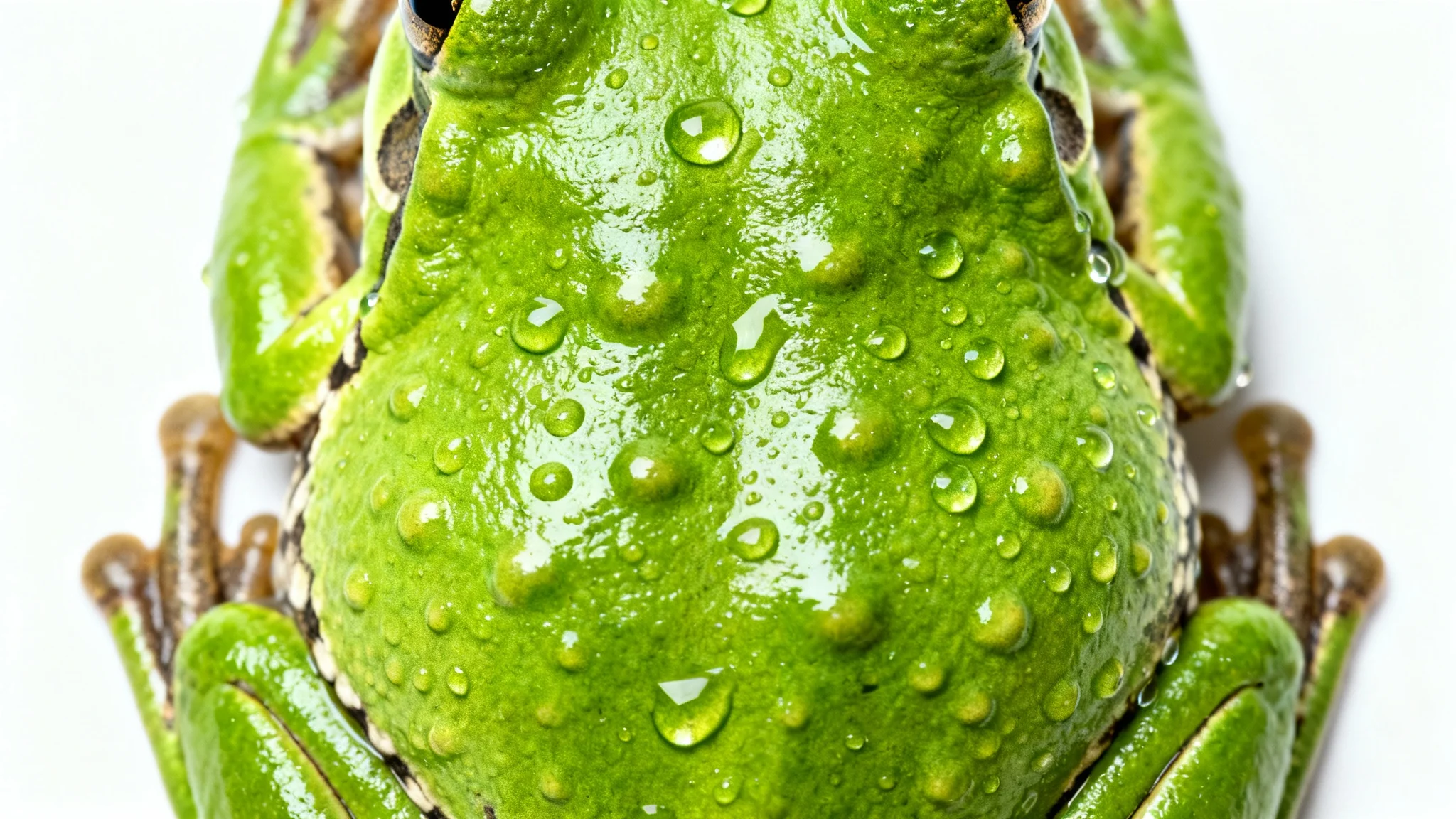 An ultra-detailed macro photograph of a frog's skin, showcasing its vibrant green, bumpy, and moist texture against a plain white background.