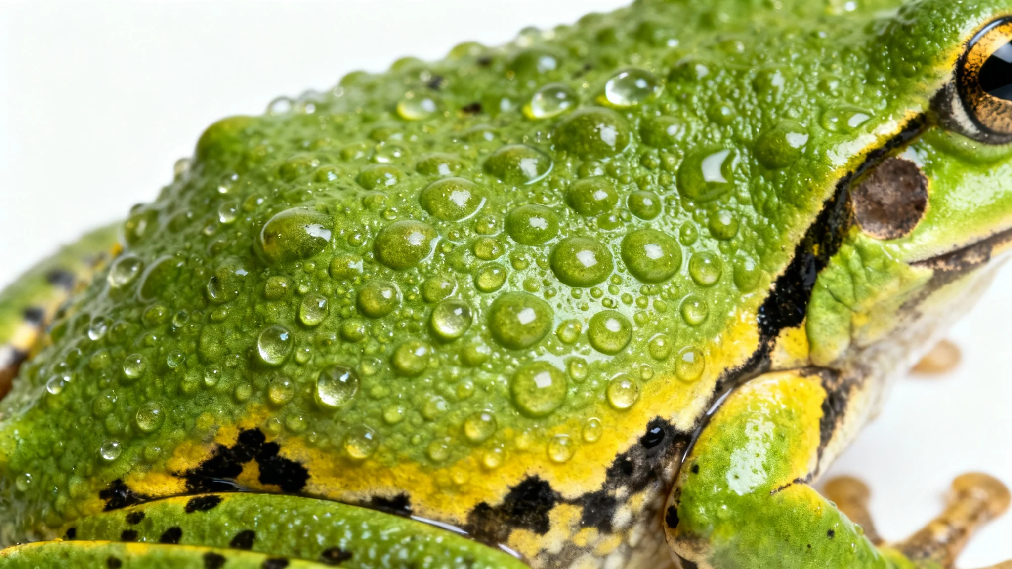 An extreme close-up, macro photograph showcasing the detailed texture of a vibrant green frog's skin, which is bumpy and glistening with tiny water droplets, set against a plain white background.