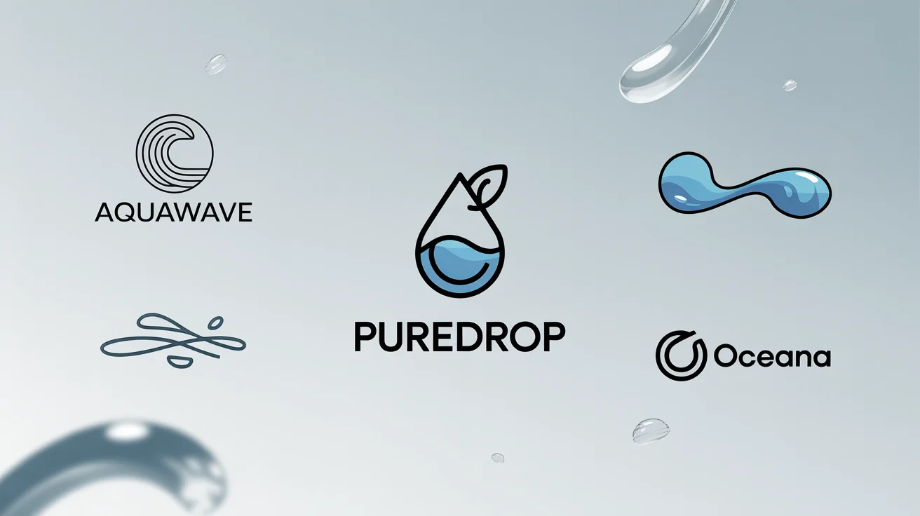 A collection of three professionally designed logos with a water theme, displayed in a grid on a light gray background. The logos feature a wave, a droplet, and abstract flowing lines with fictional company names.