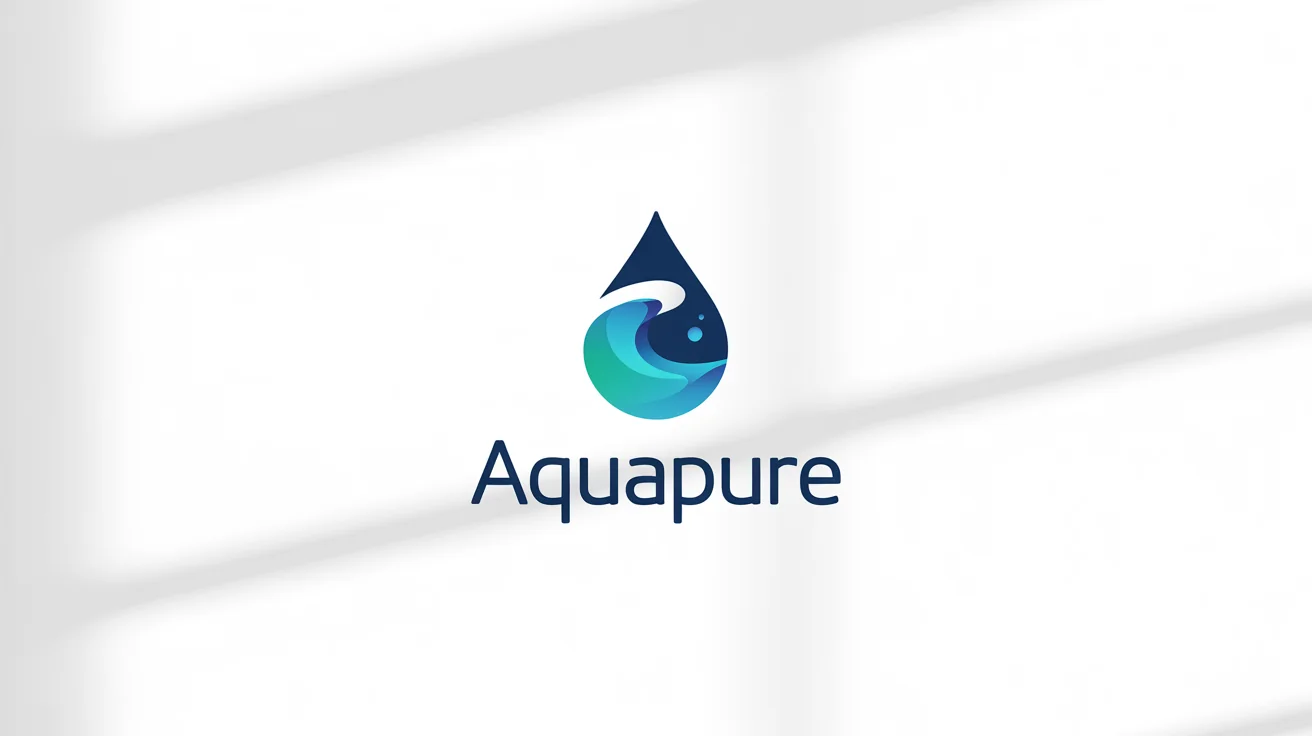 A modern and minimalist logo for a water brand named 'AquaPure', featuring a stylized water droplet with a wave inside, presented on a clean white background.