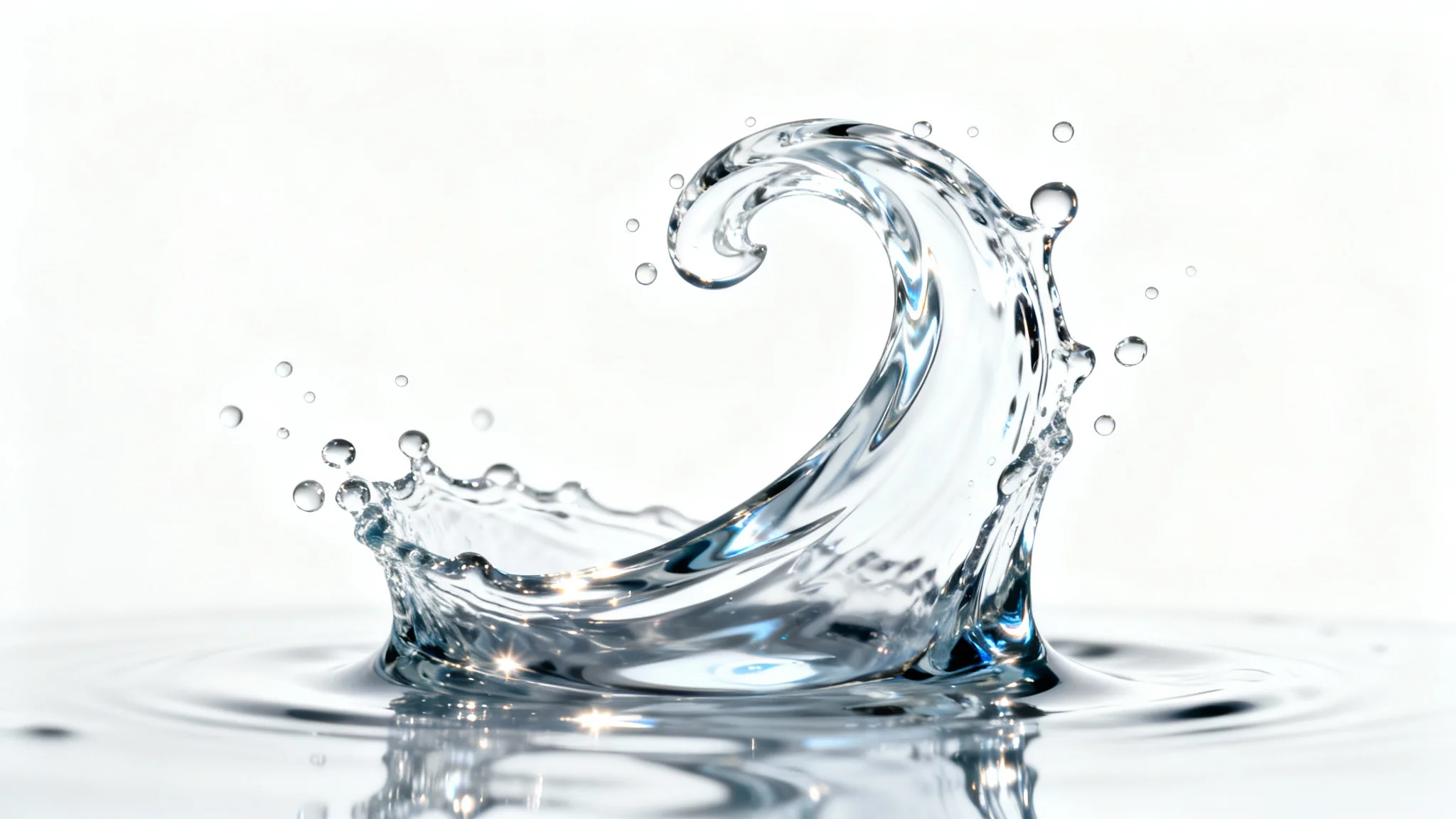 A close-up, photorealistic logo mockup made of clear, splashing water in a dynamic swirl shape, set against a plain white background.