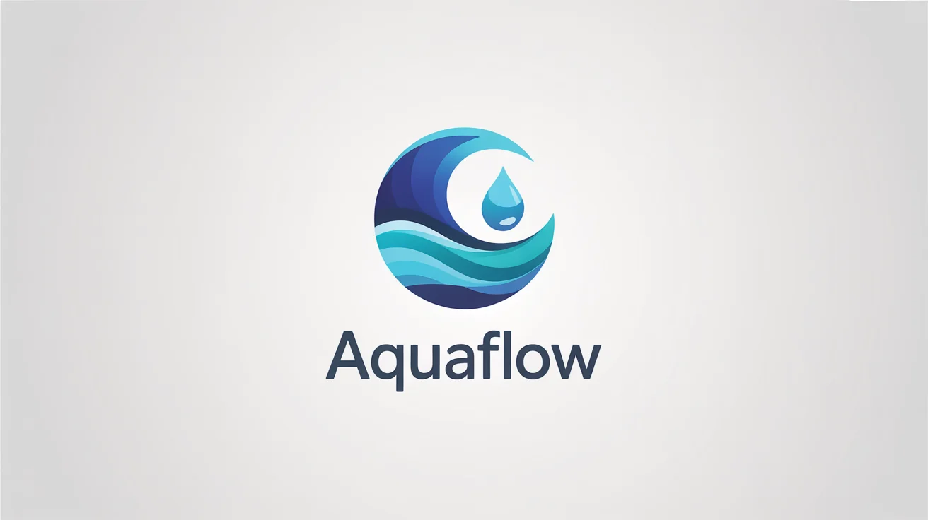 A modern logo for a water company named 'AquaFlow', featuring a circular blue wave icon with a water droplet in the center, all on a white background.
