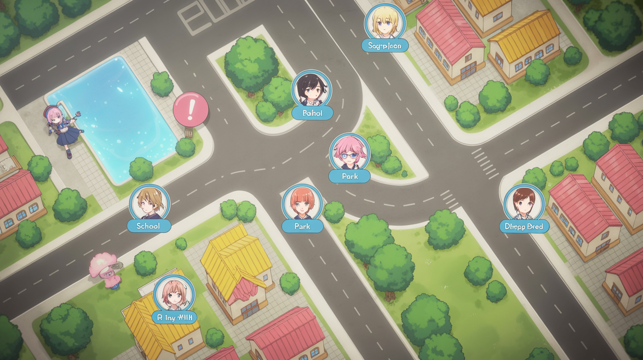 A final result of a Ren'Py visual novel map screen, showing a stylized cartoon town with interactive locations like a school, park, and shopping district, complete with character icons and event markers.