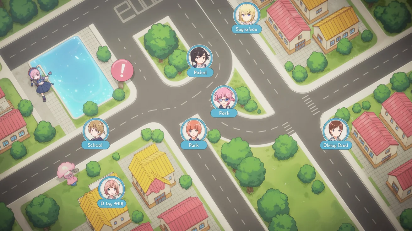 A final result of a Ren'Py visual novel map screen, showing a stylized cartoon town with interactive locations like a school, park, and shopping district, complete with character icons and event markers.