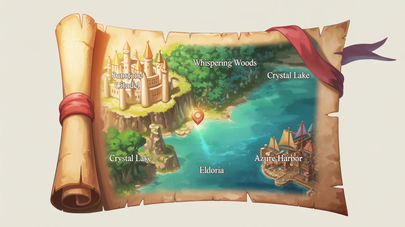 An anime-style fantasy map screen for a visual novel game, featuring locations like 'Sunstone Citadel' and 'Whispering Woods' on an old parchment, set against a plain white background.