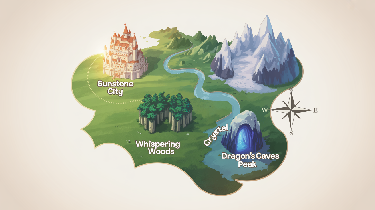 A mockup of a fantasy map screen from a visual novel, in a colorful anime style. It shows selectable locations like 'Sunstone City' and 'Whispering Woods' on a hand-drawn map against a white background.