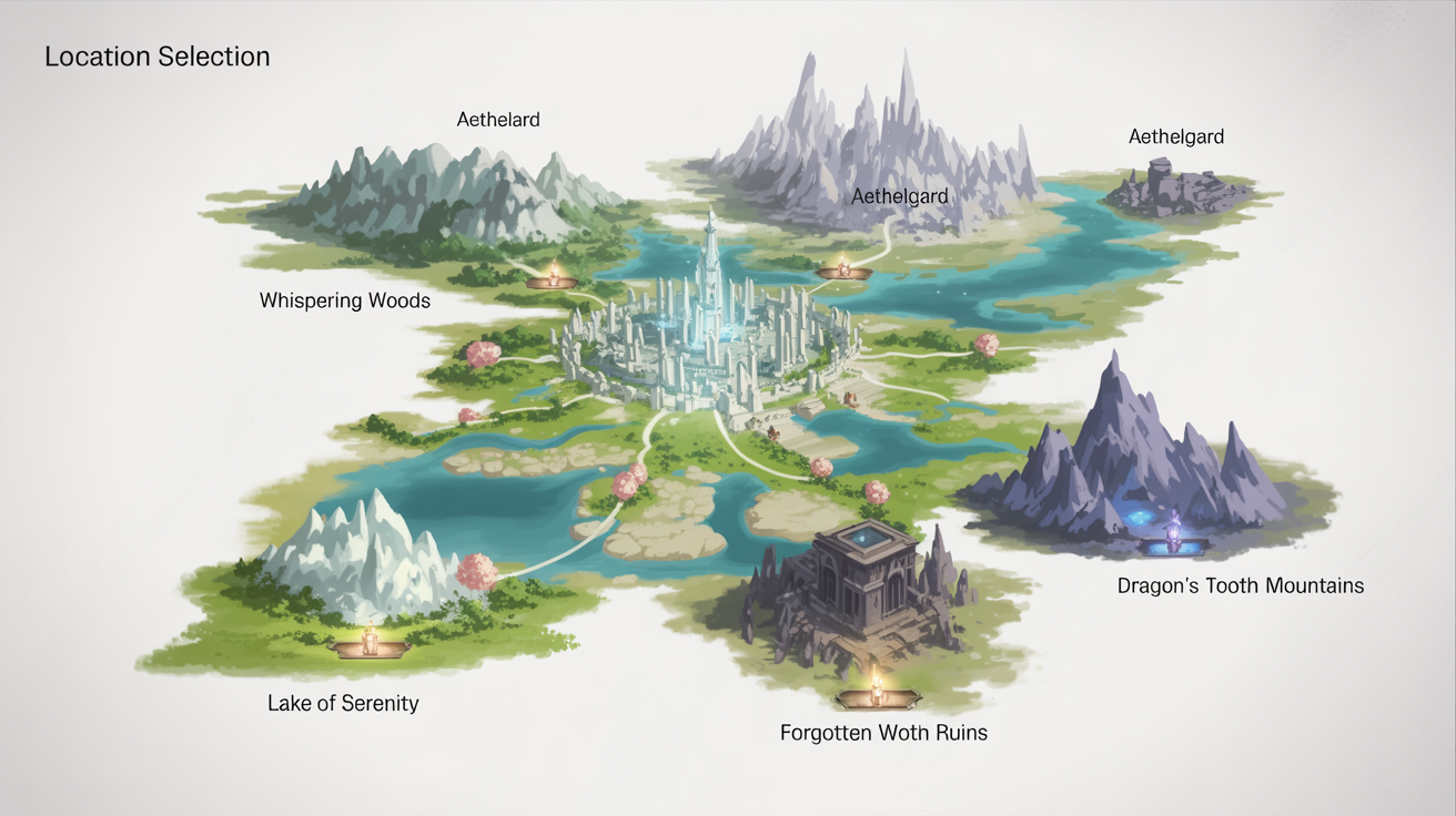 A digitally painted fantasy map for a visual novel, showing locations like the city of 'Aethelgard' and the 'Whispering Woods' on a clean white background.
