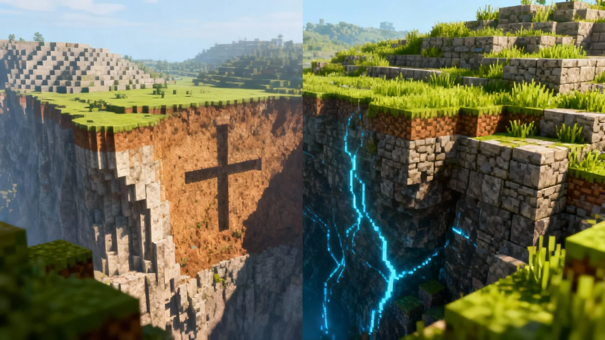 A split-screen hero image showing the result of a bedrock texture pack editor. The left side shows a blocky game world with standard pixelated textures. The right side shows the same world transformed with a beautiful, high-definition custom texture pack, highlighting the enhanced detail on stone, grass, and bedrock blocks.