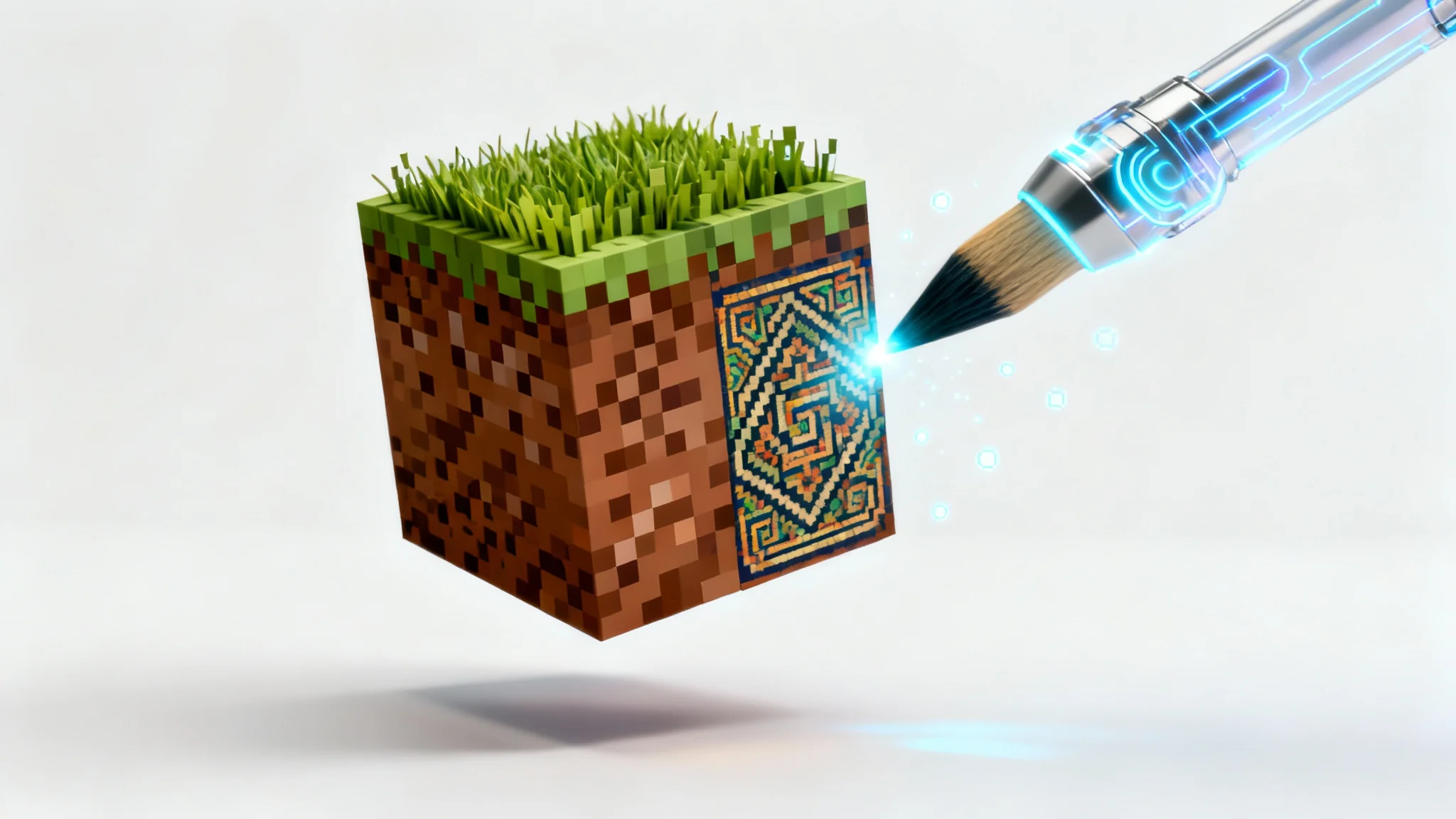 A 3D block resembling a video game dirt and grass block is being painted with a new, more detailed texture by a digital paintbrush against a white background, symbolizing a texture pack editor.