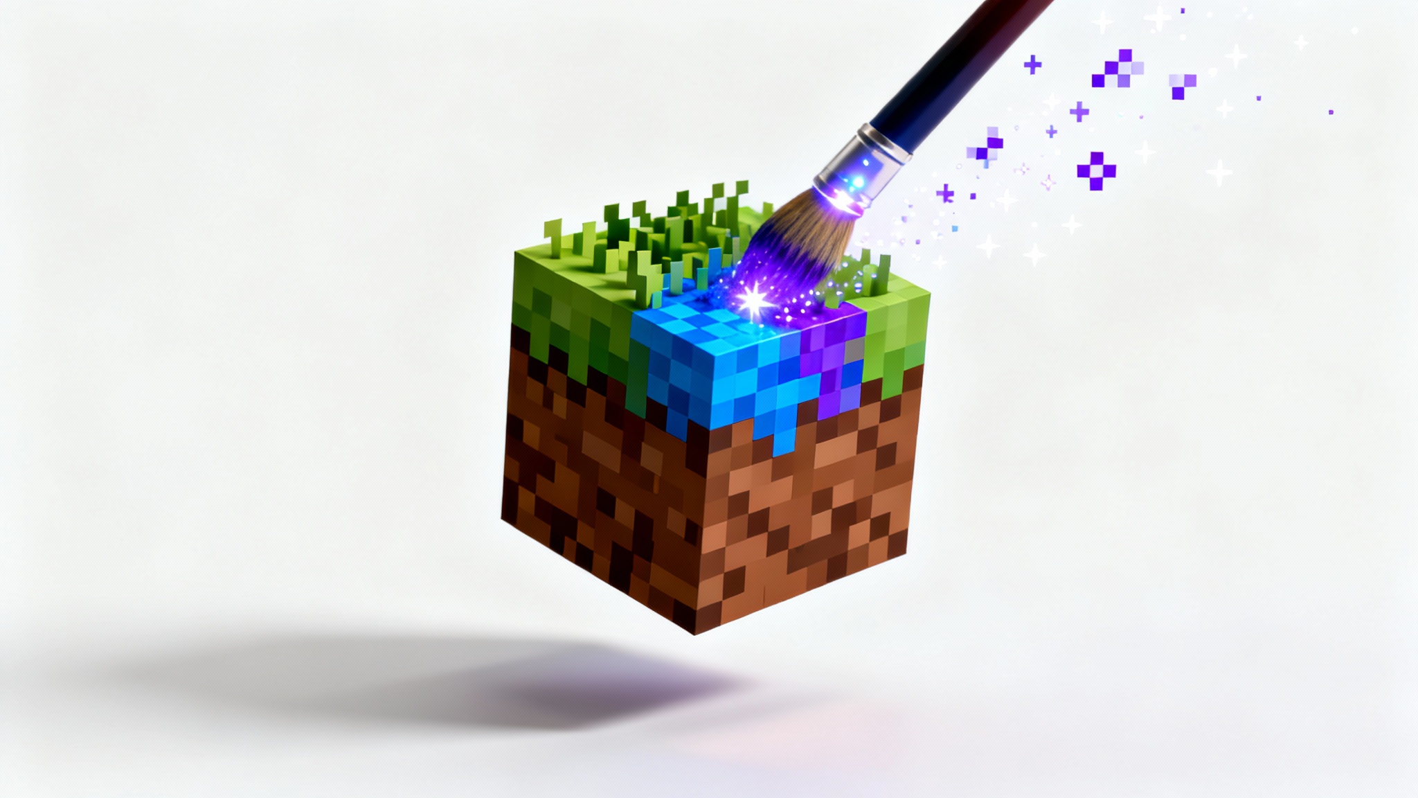A hyper-realistic render of a Minecraft-style grass block being painted with a new, custom texture by a magical glowing brush, symbolizing a bedrock texture pack editor.