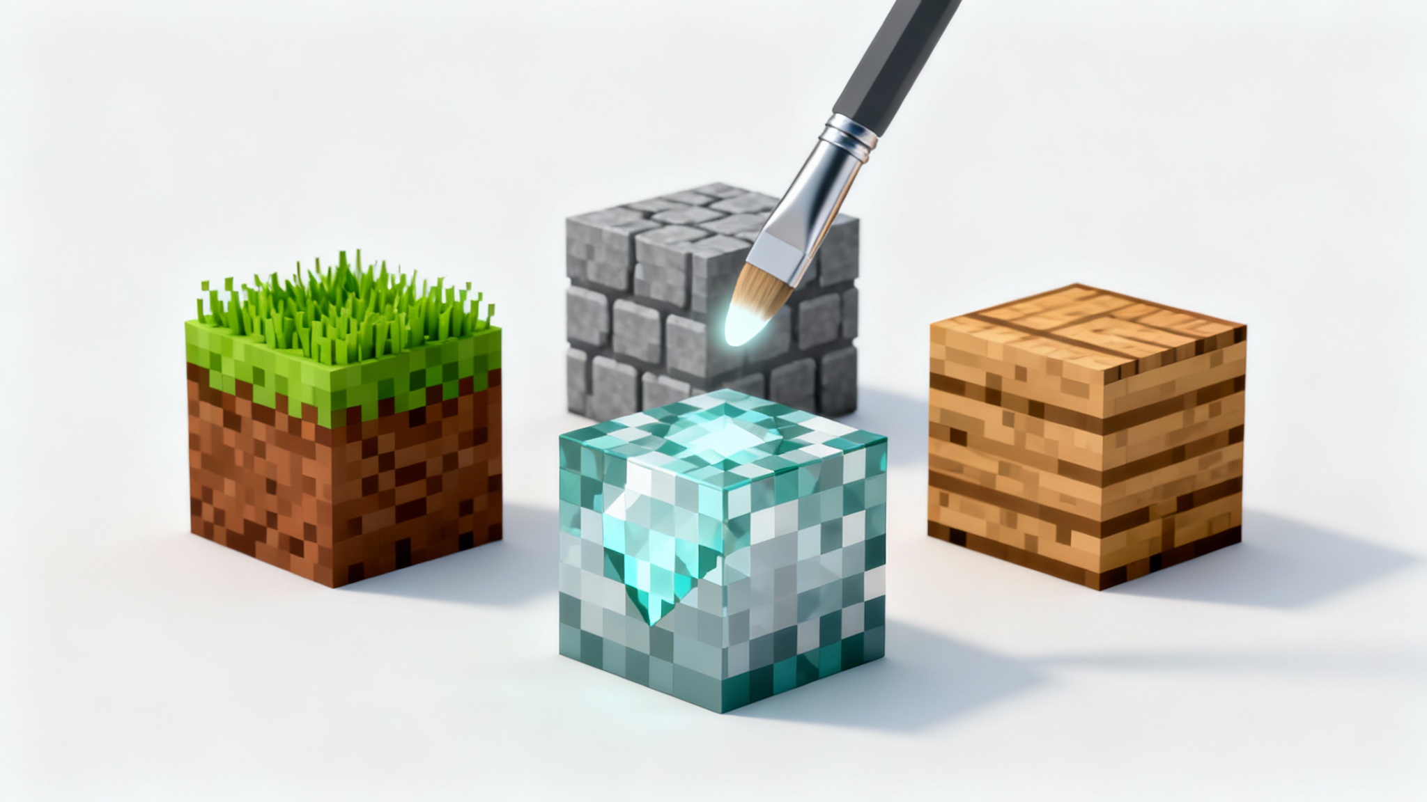 A 3D render of several game-style blocks on a white background, symbolizing a texture pack editor. A digital brush hovers over a partially-finished diamond ore block, representing the creation and editing process.