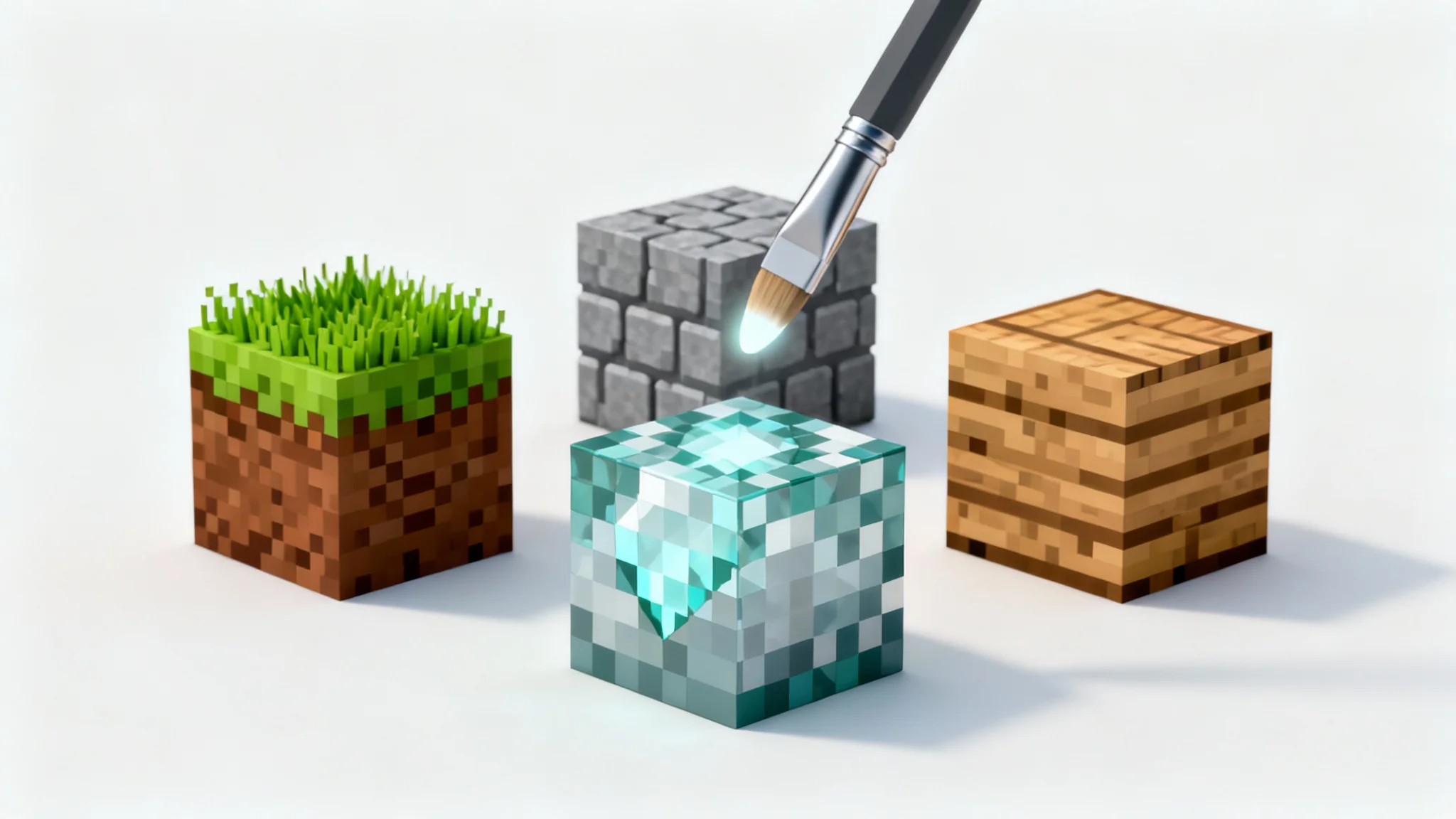 A 3D render of several game-style blocks on a white background, symbolizing a texture pack editor. A digital brush hovers over a partially-finished diamond ore block, representing the creation and editing process.