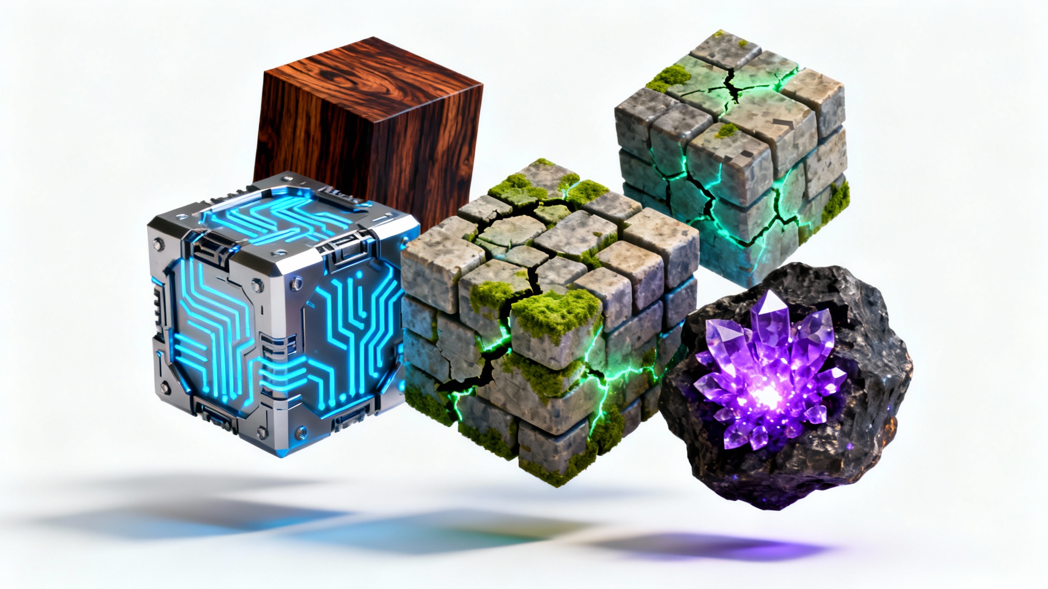 A collection of 3D voxel blocks with custom, high-resolution textures, including realistic wood, sci-fi circuits, and fantasy ore, arranged on a plain white background to showcase a texture pack editor's capabilities.