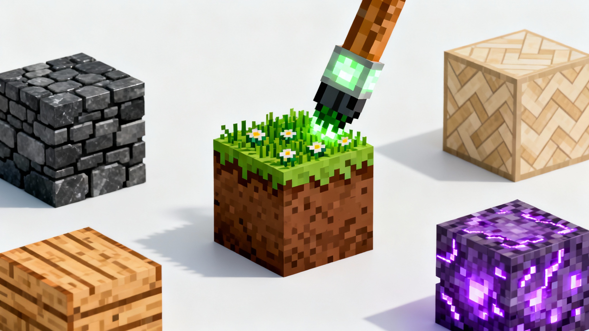 A studio shot of several Minecraft-style blocks on a white background, each with a unique custom texture. A pixelated paintbrush is seen applying a new floral grass texture to a dirt block, symbolizing a bedrock texture pack editor.