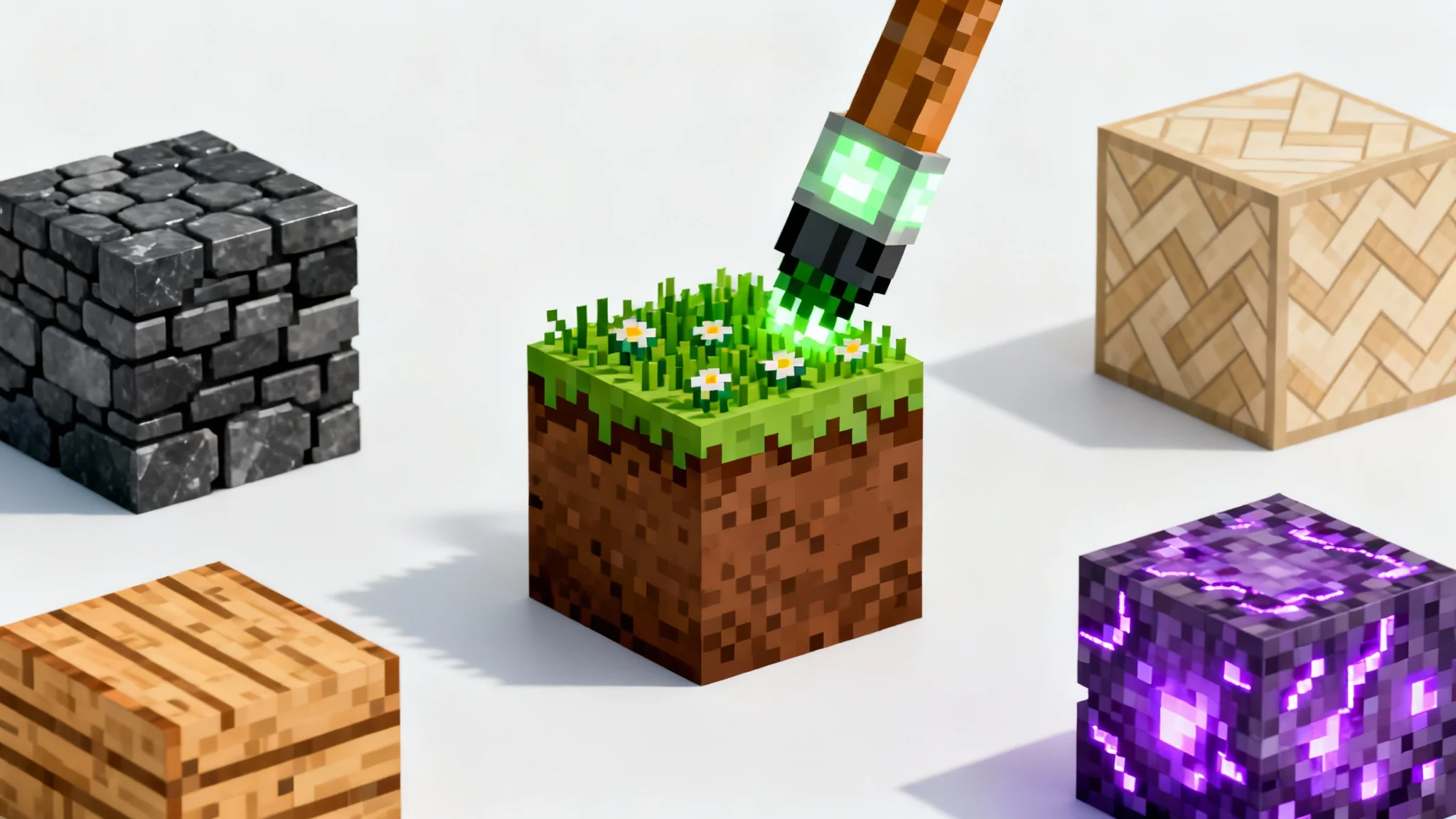 A studio shot of several Minecraft-style blocks on a white background, each with a unique custom texture. A pixelated paintbrush is seen applying a new floral grass texture to a dirt block, symbolizing a bedrock texture pack editor.
