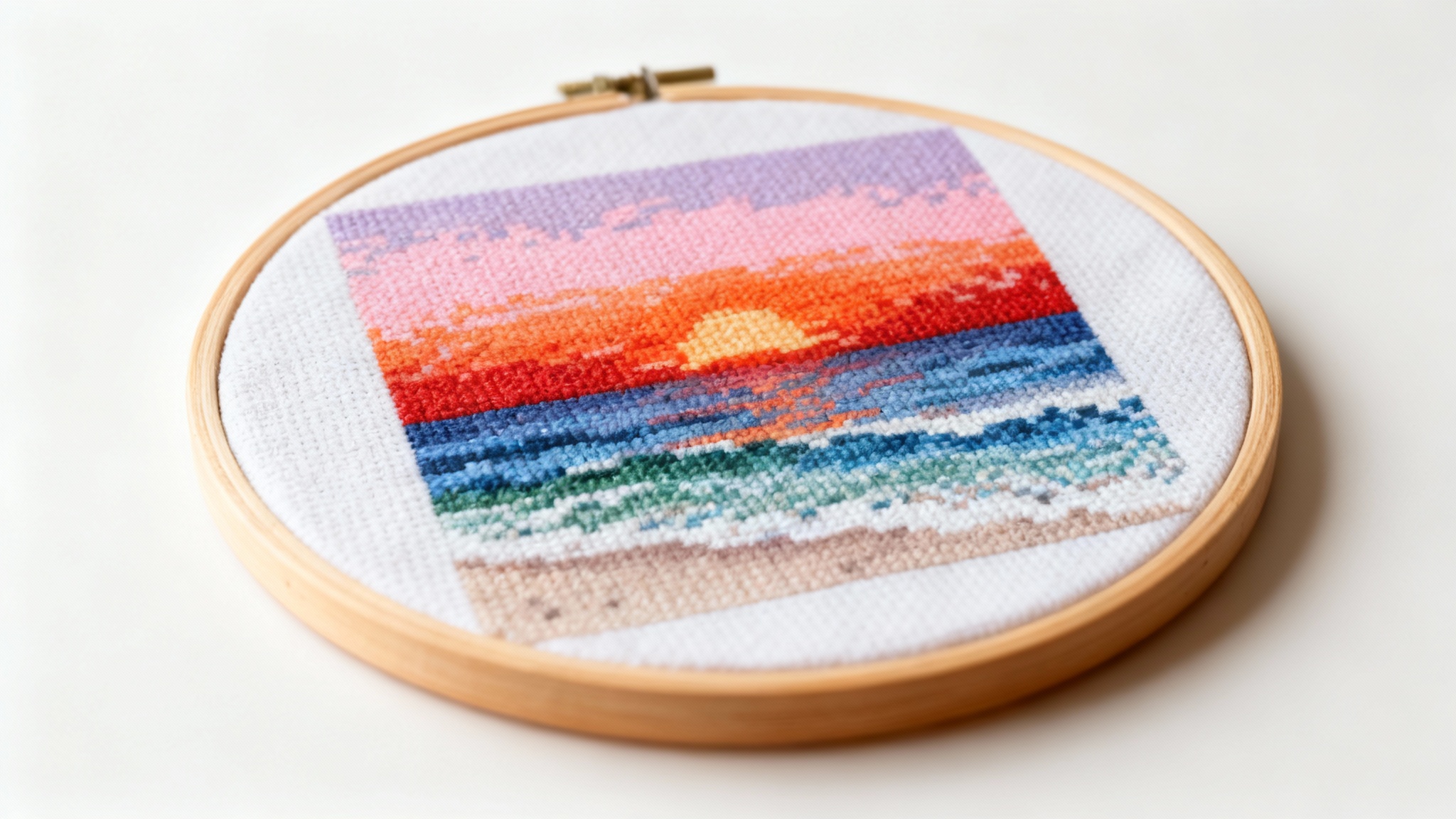 A close-up photograph of a finished cross-stitch piece in a wooden hoop, showcasing a pixelated sunset over a beach. The detailed stitching displays a color gradient from orange and red to purple in the sky, with a blue and green ocean below. The piece is resting on a clean, bright surface.
