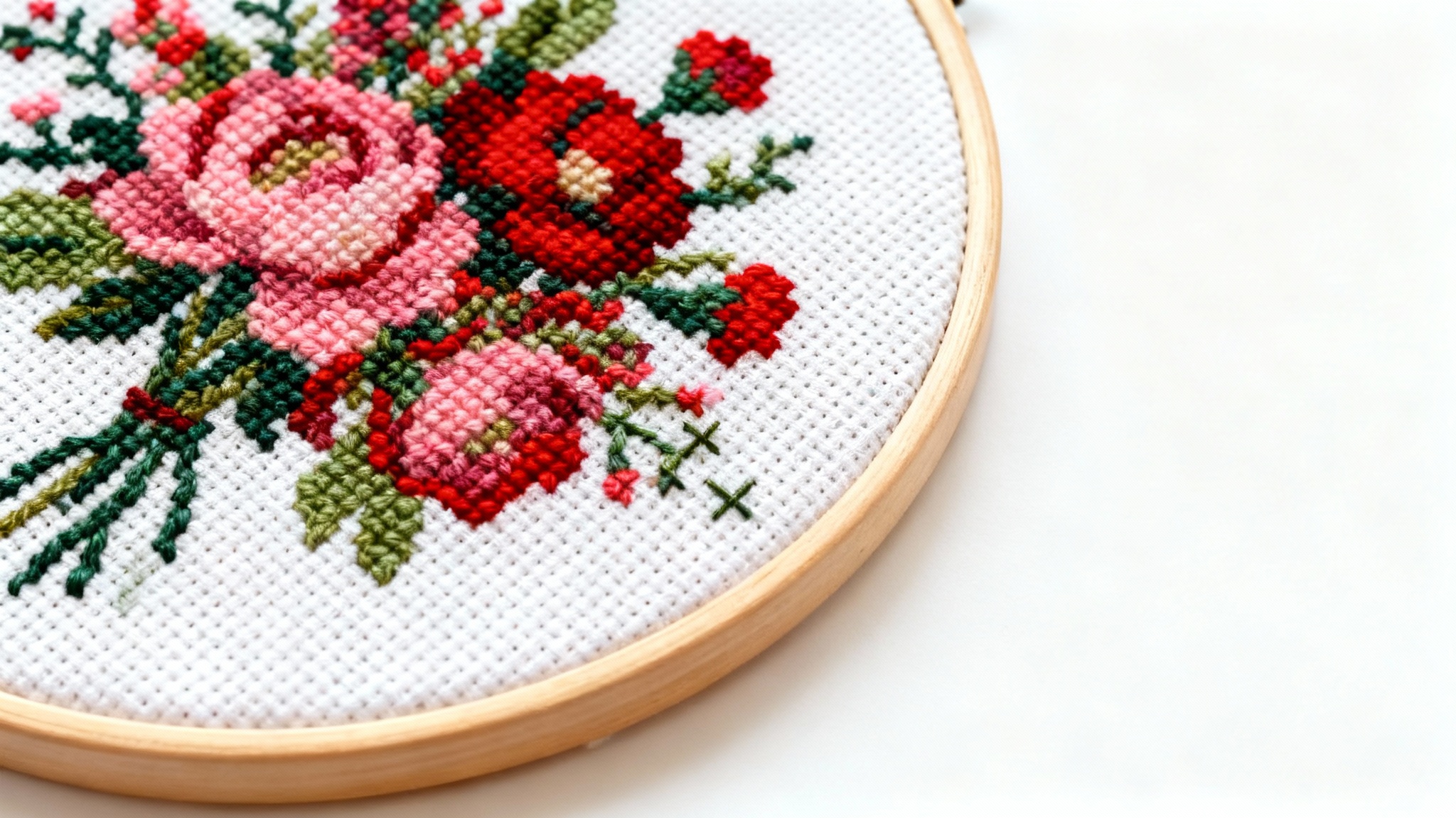 A hyper-realistic, close-up photo of a finished cross-stitch design of a colorful flower bouquet, framed in a wooden embroidery hoop against a stark white background, showcasing the detailed stitching.