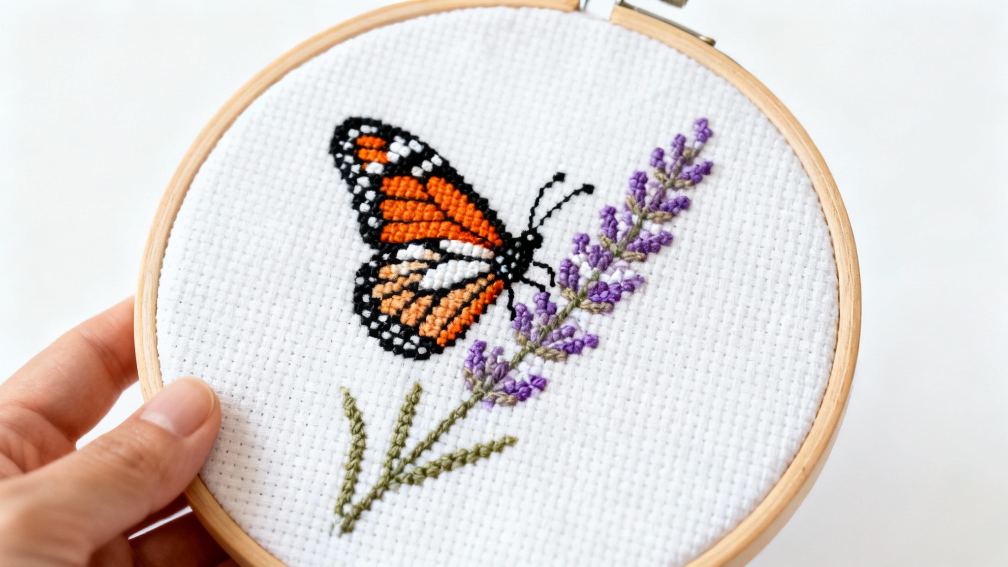A close-up, photorealistic image of a completed cross-stitch project in a wooden hoop, featuring a detailed monarch butterfly on a lavender flower, set against a stark white background.