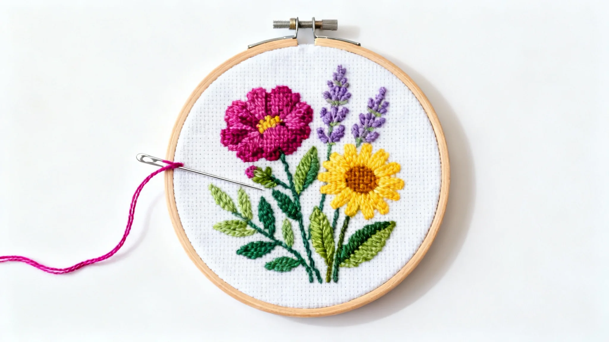 A top-down photorealistic image of a wooden embroidery hoop with a partially finished floral cross-stitch pattern, with a needle and thread in the fabric, on a white background.