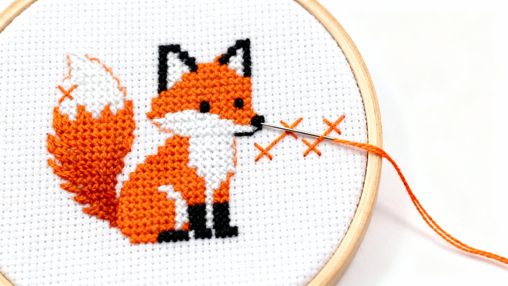A close-up photograph of a cross-stitch project featuring a small orange fox inside a wooden embroidery hoop, set against a plain white background.