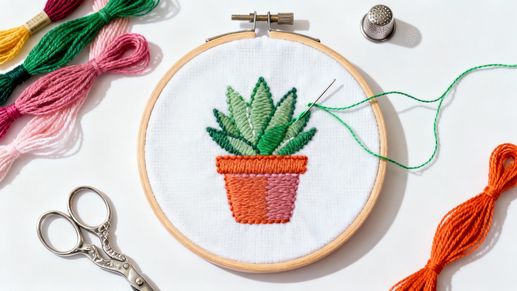 A flat lay of a cross-stitch project in an embroidery hoop, featuring a modern succulent design. The hoop is surrounded by colorful threads and small scissors on a clean white background.