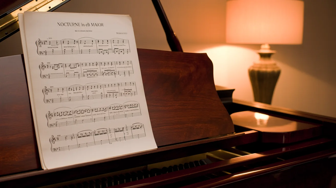A high-quality mockup of sheet music for 'Nocturne in Eb Major' resting on a wooden music stand in front of a softly lit grand piano.