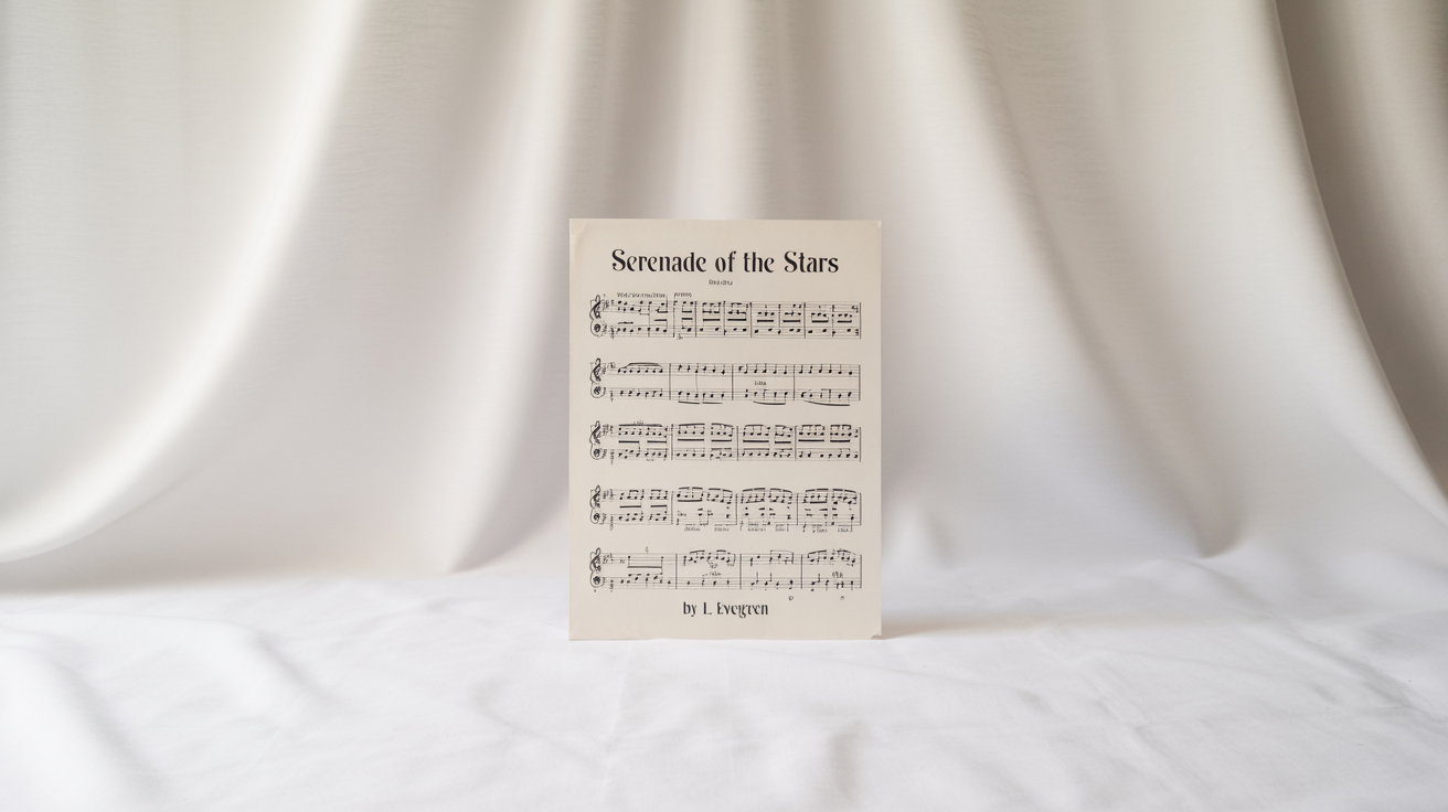 A photorealistic mockup of a single sheet of classical music titled 'Serenade of the Stars' by L. Evergreen, displayed on a clean white background.