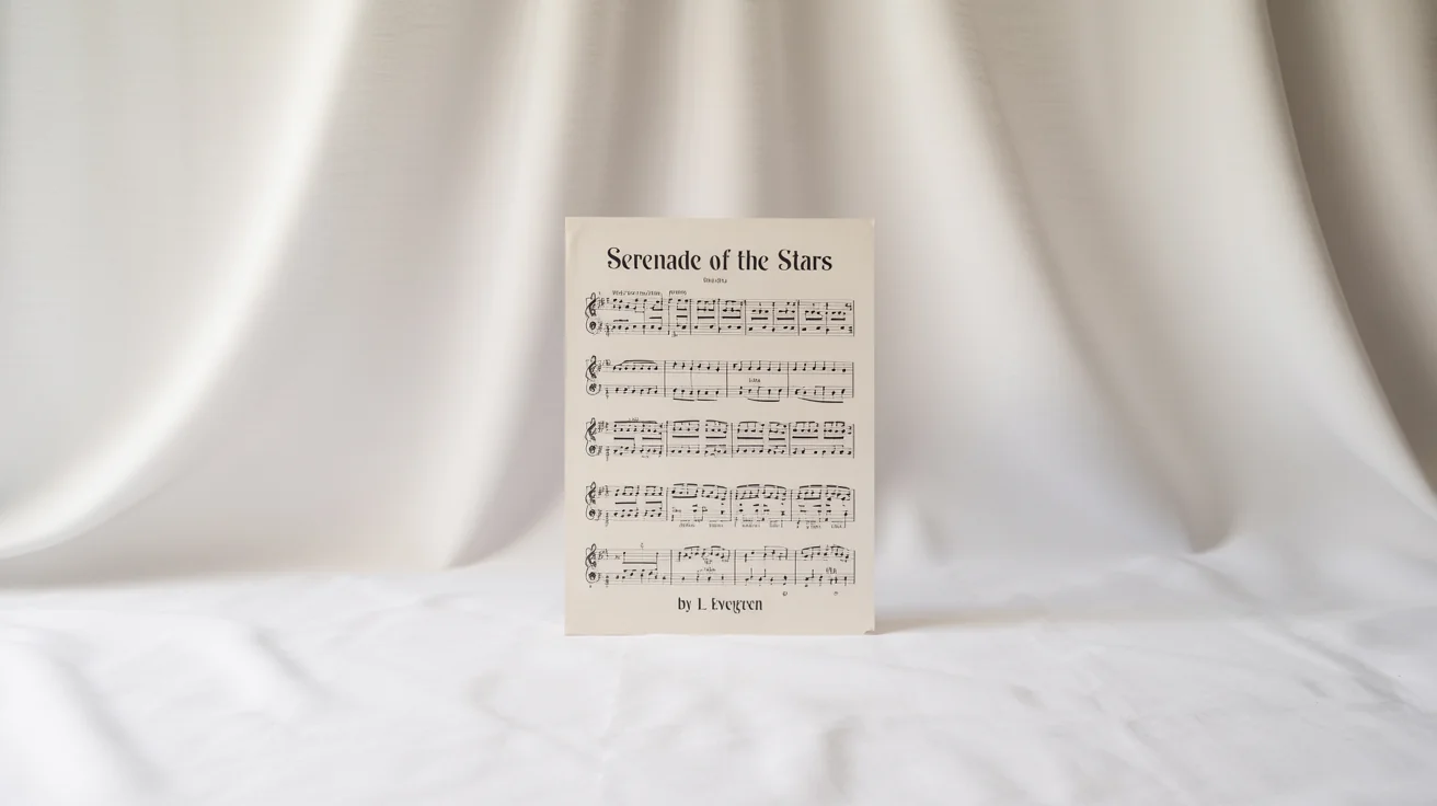 A photorealistic mockup of a single sheet of classical music titled 'Serenade of the Stars' by L. Evergreen, displayed on a clean white background.
