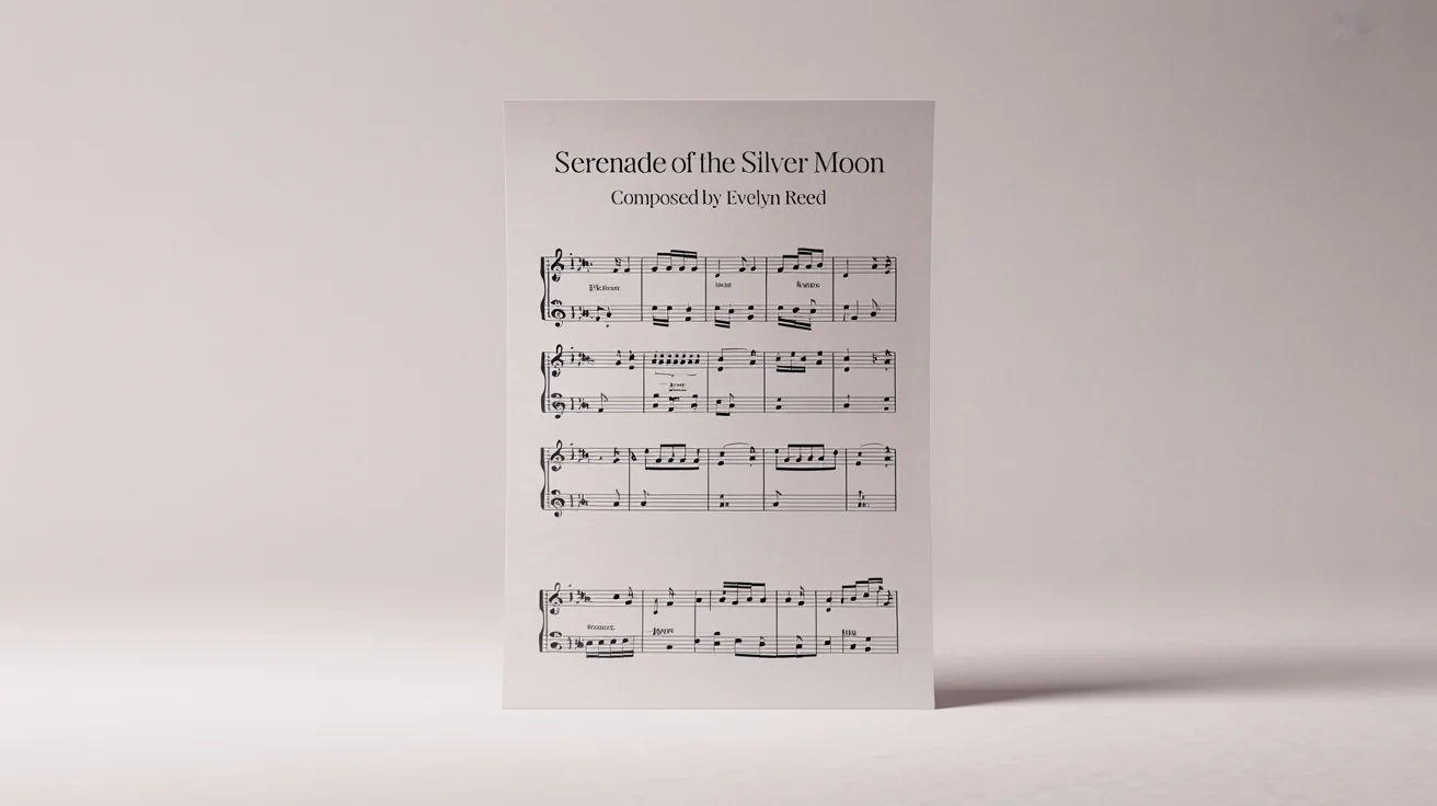 A mockup of a professionally printed sheet of music titled 'Serenade of the Silver Moon' by Evelyn Reed, displayed against a clean white background.