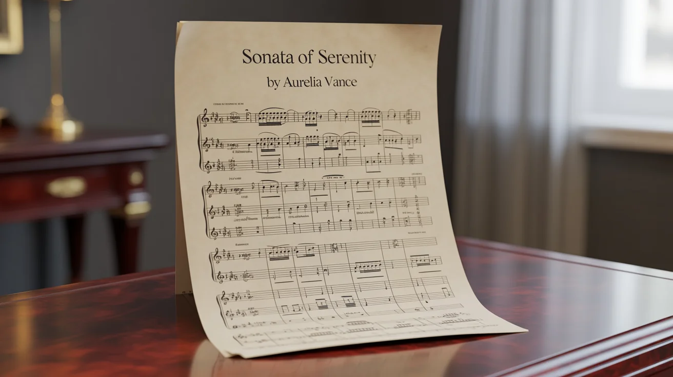 A photorealistic mockup of a single sheet of classical music titled 'Sonata of Serenity' by 'Aurelia Vance', resting on a clean white surface.